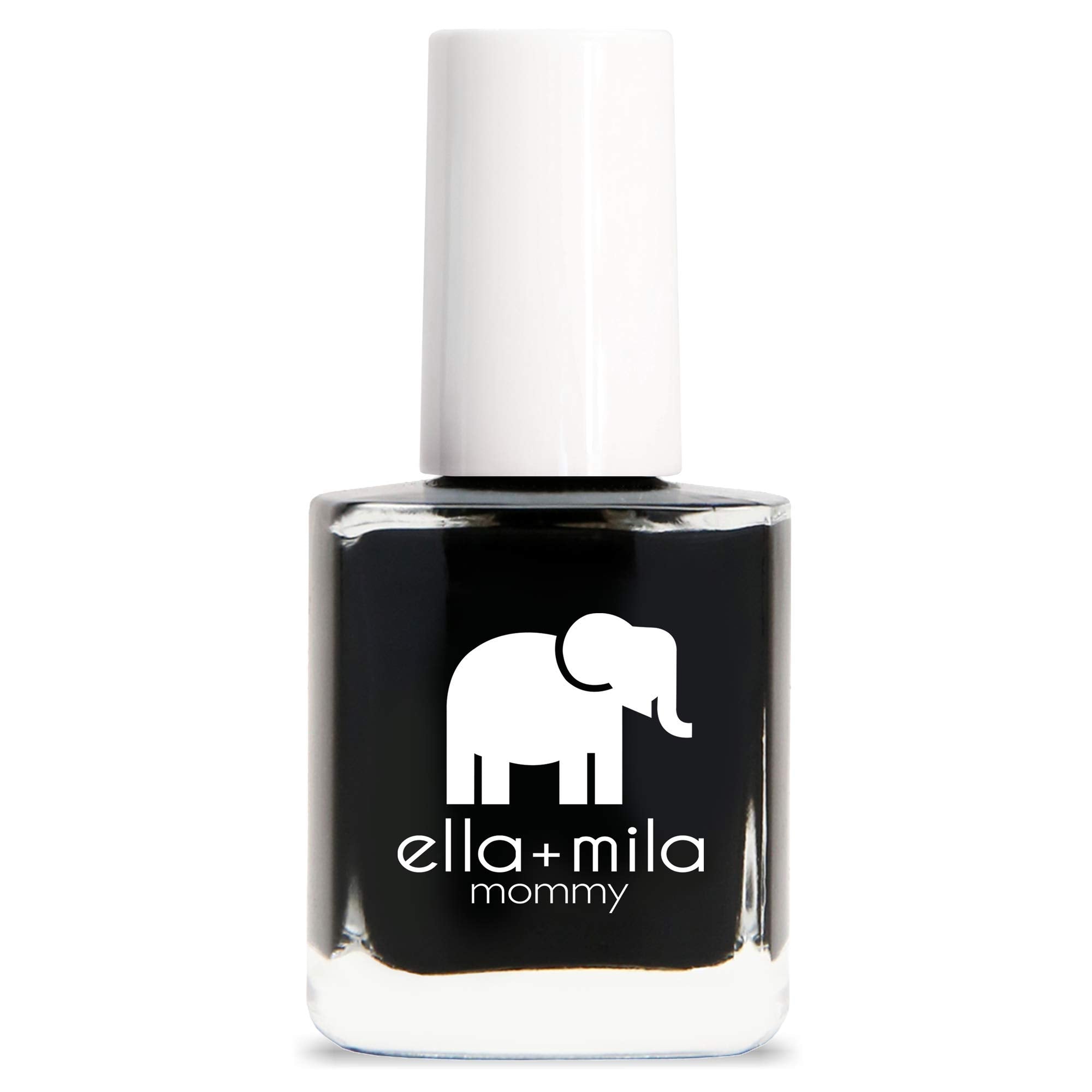 Finition brillante du vernis noir Ella+Mila sur les ongles.