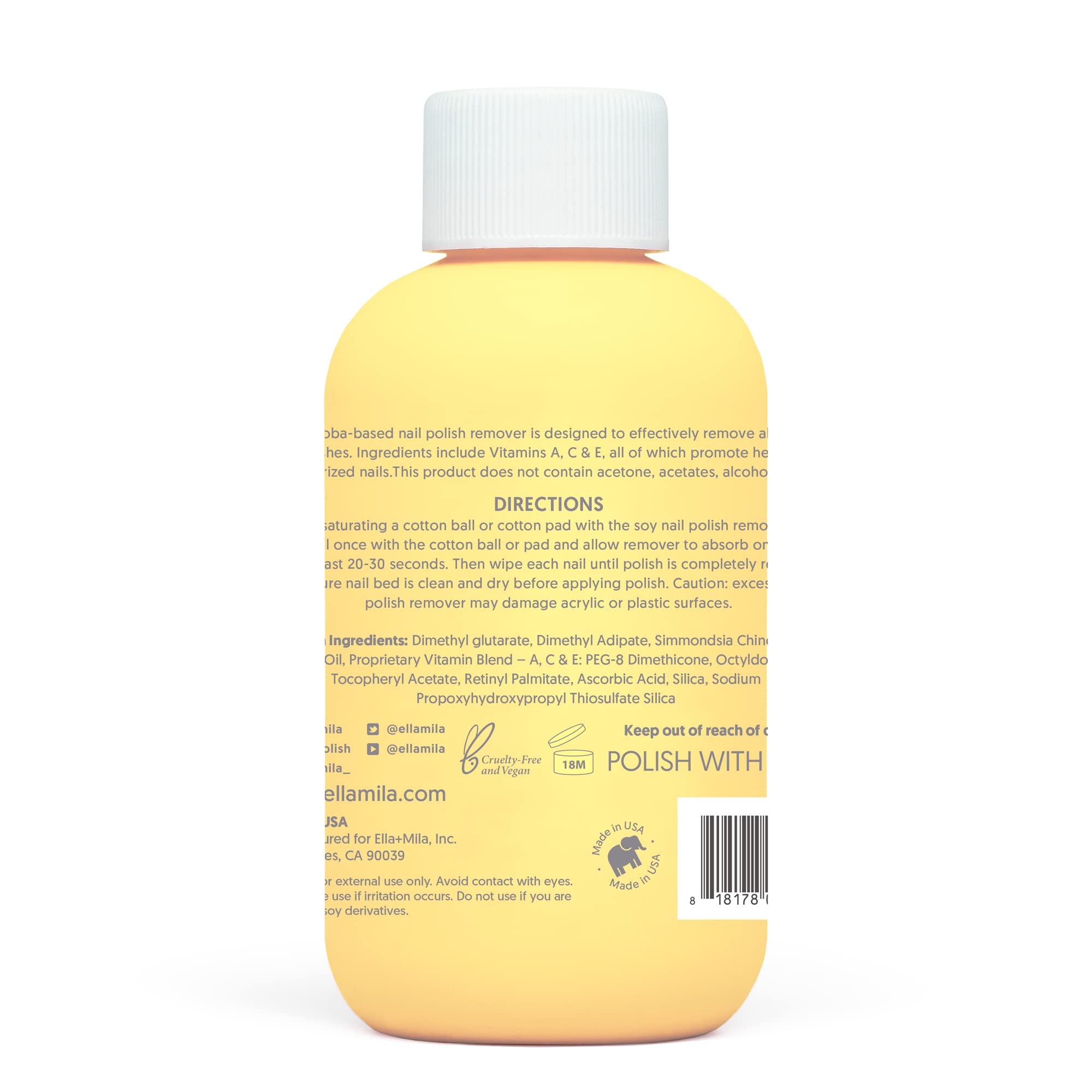 Bouteille Ella+mila de démaquillant jojoba avec vitamines pour ongles naturels.