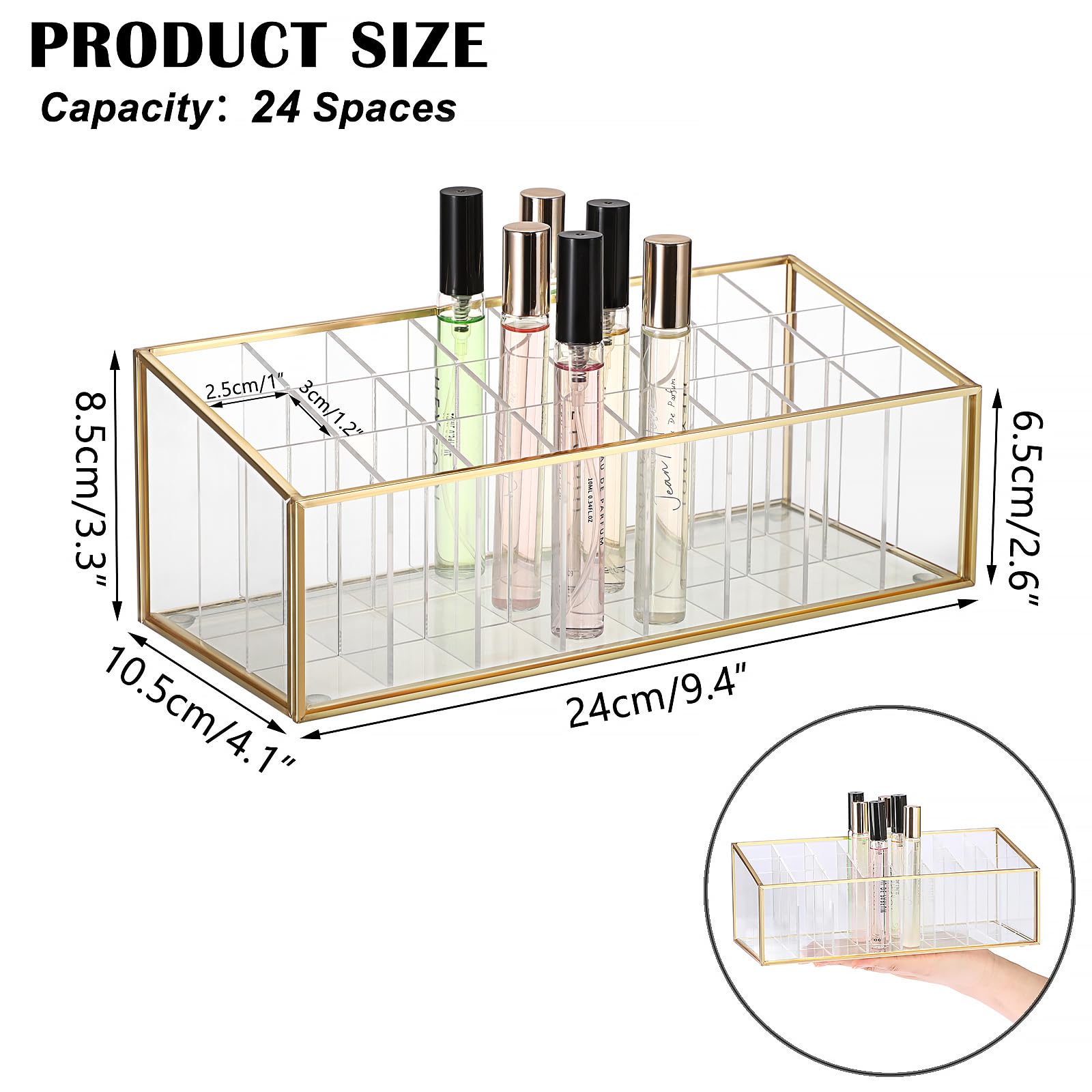 ELLDOO display acrylique doré montrant des bouteilles de parfum.