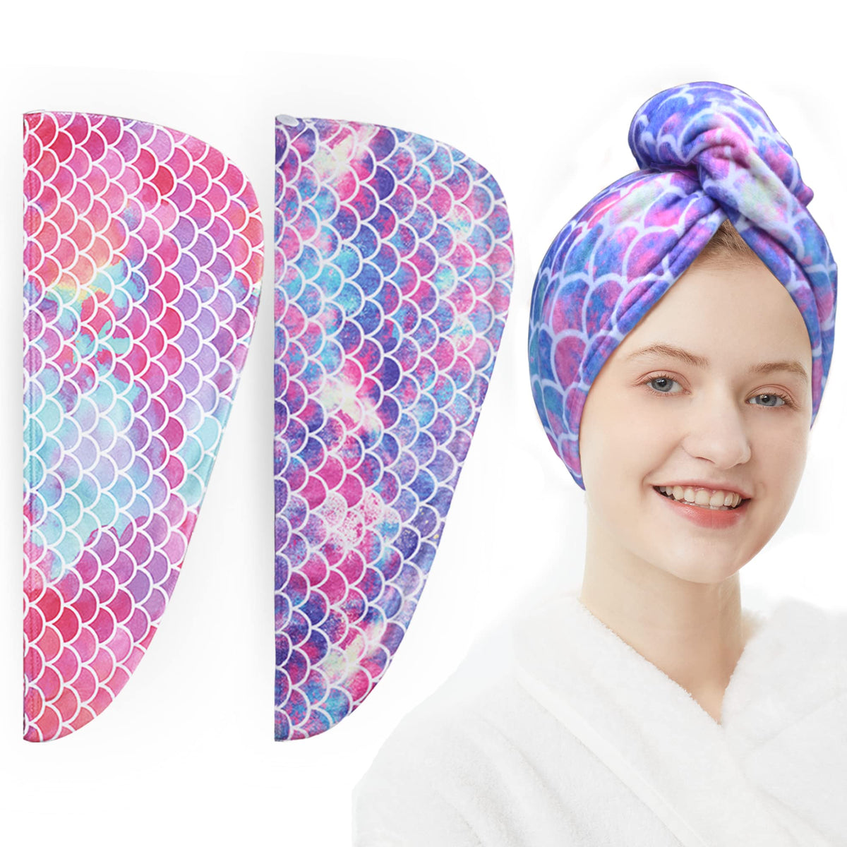 ELLEWIN serviette cheveux queue de sirene, microfibre absorbante pour séchage rapide et doux.