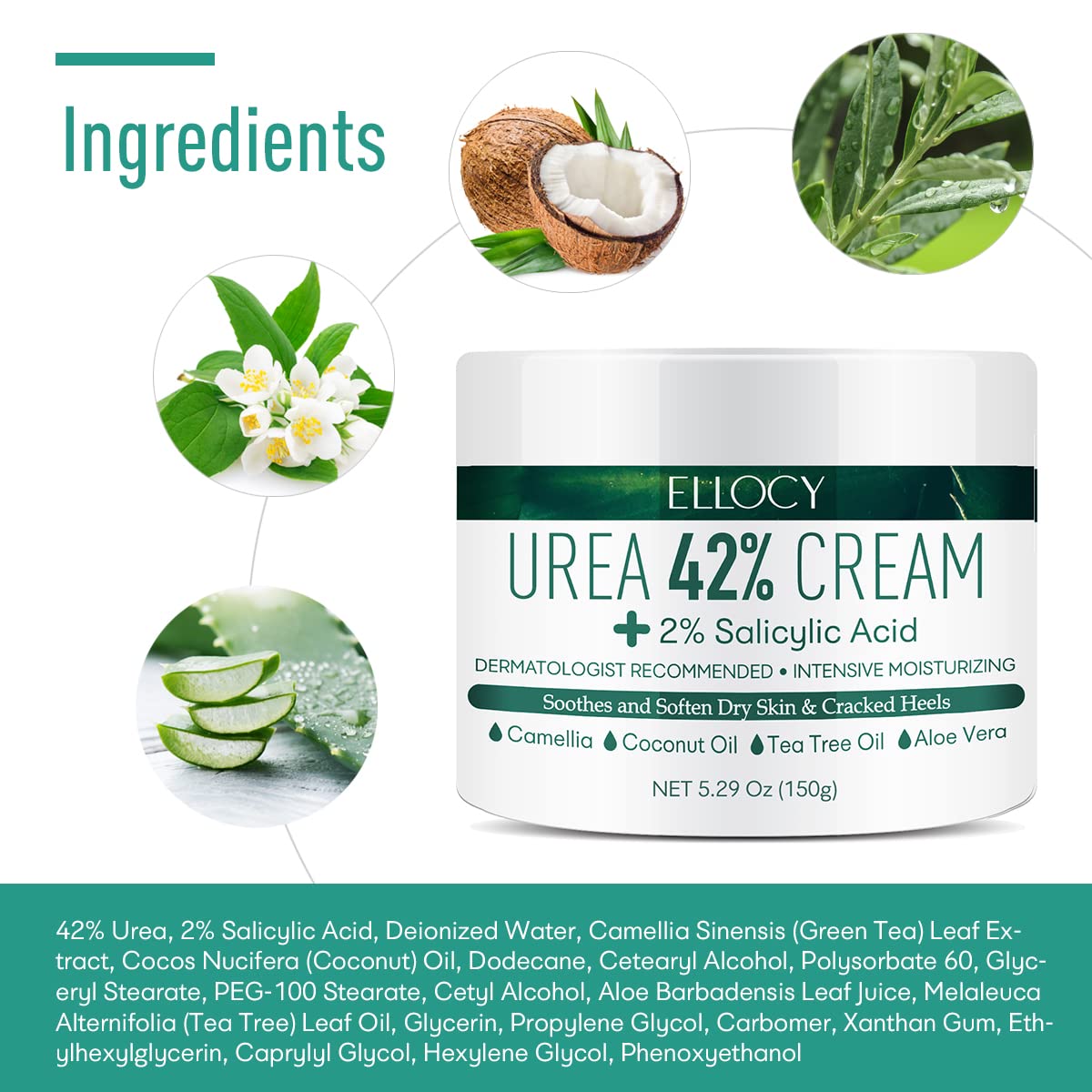 Ingrédients Tea Tree et Aloe présents dans Ellocy pour une sensation rafraîchissante.