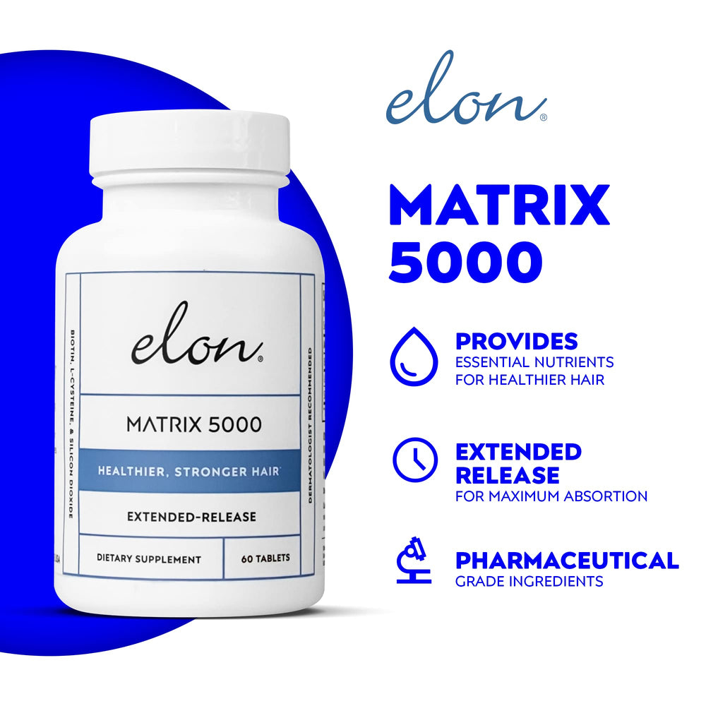 Étiquette Elon Matrix 5000 – biotine 5000mcg et ingrédients nourrissants.