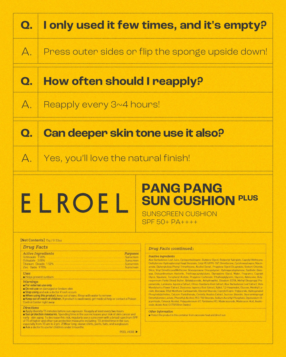ELROEL Pang Pang Sun Cushion Plus sans traces blanches, convient à tous les teints