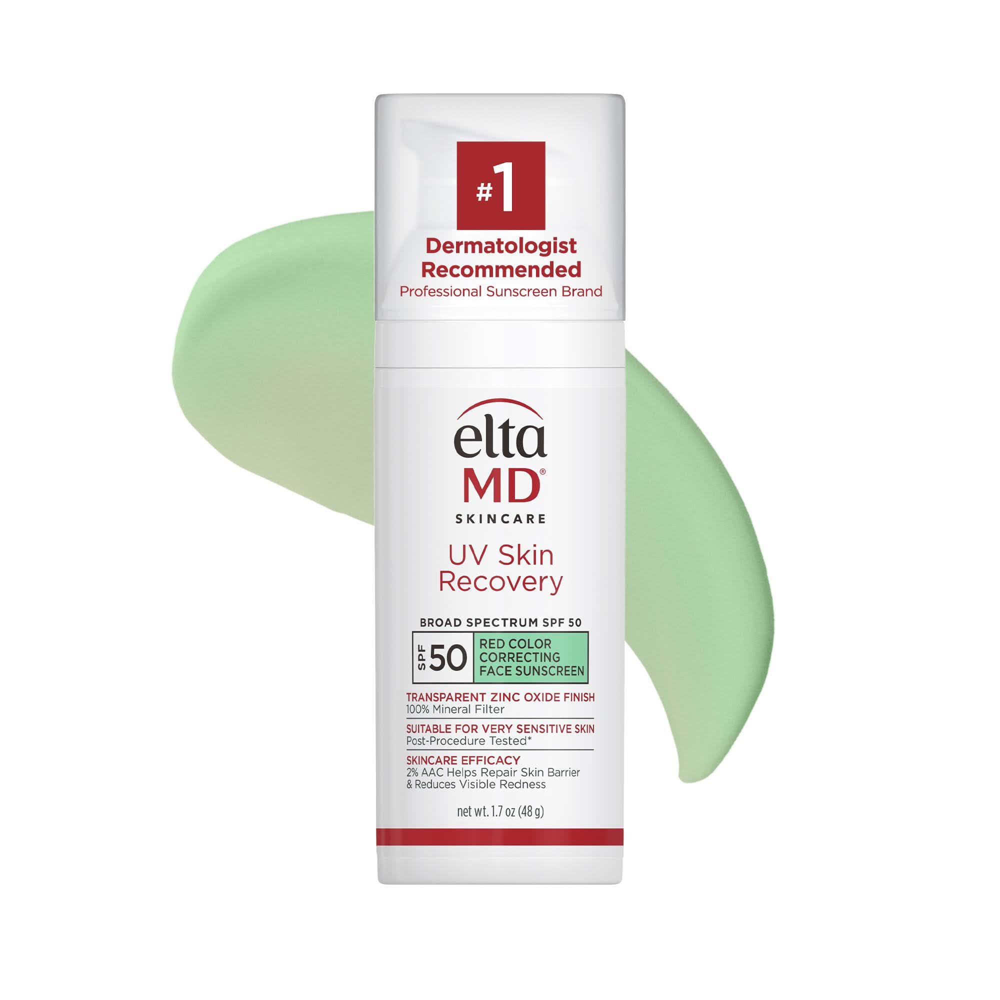 EltaMD UV Skin Recovery Green Tint – Bouteille, texture légère et absorption rapide sur peau sensible