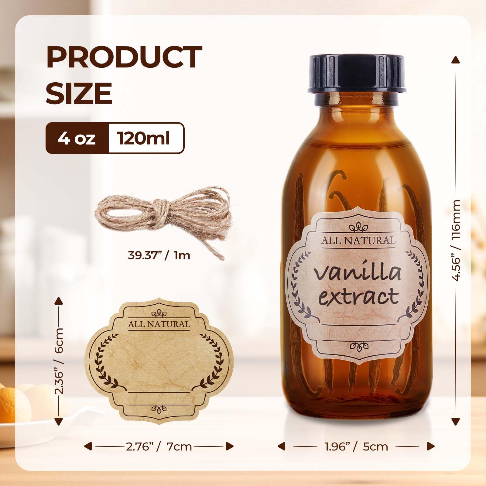 Étiquettes personnalisables sur bouteille Elumeiro ambrée pour écrire contenu et date