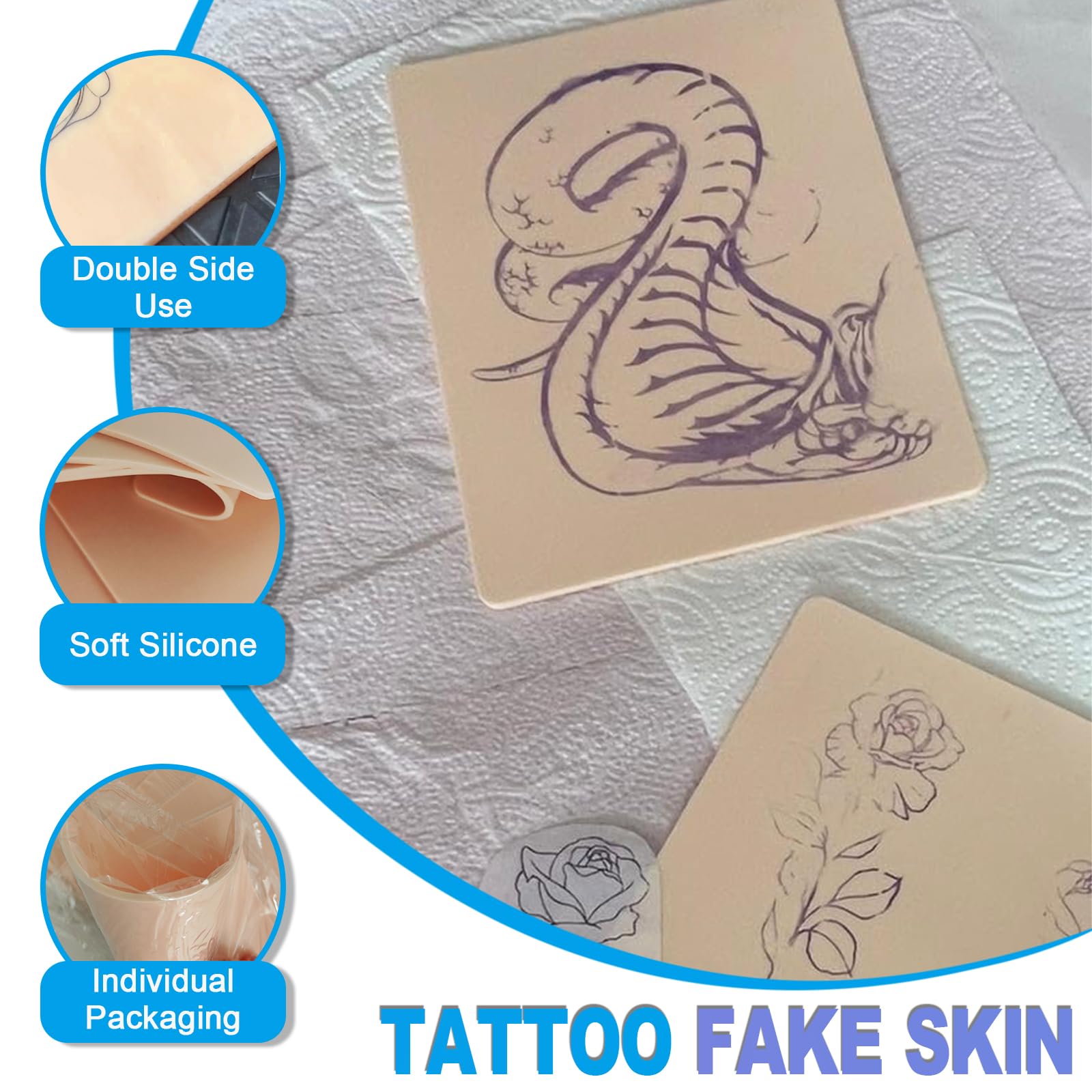Emalla peau tatouage silicone 3mm dos, surface double-face idéale pour varier les poses.