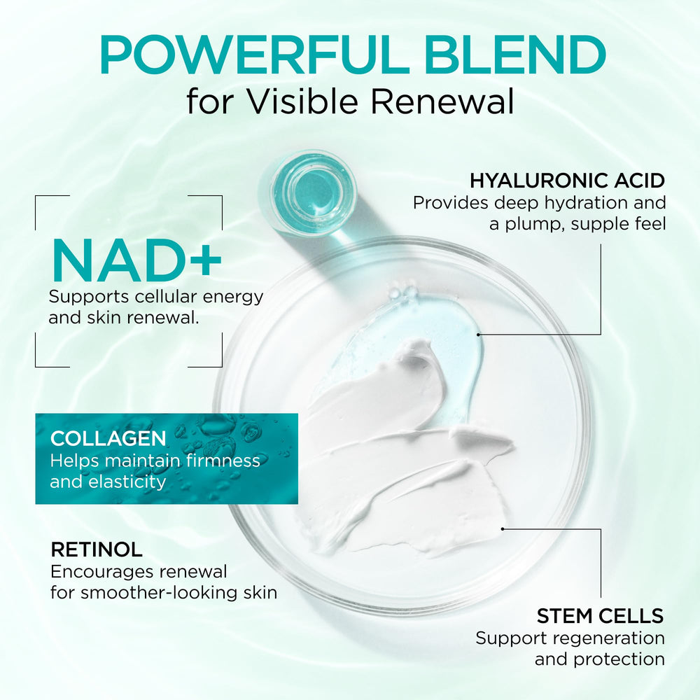 Plan rapproché sur peau lumineuse après application de Ember Cloud Collagen NAD+.