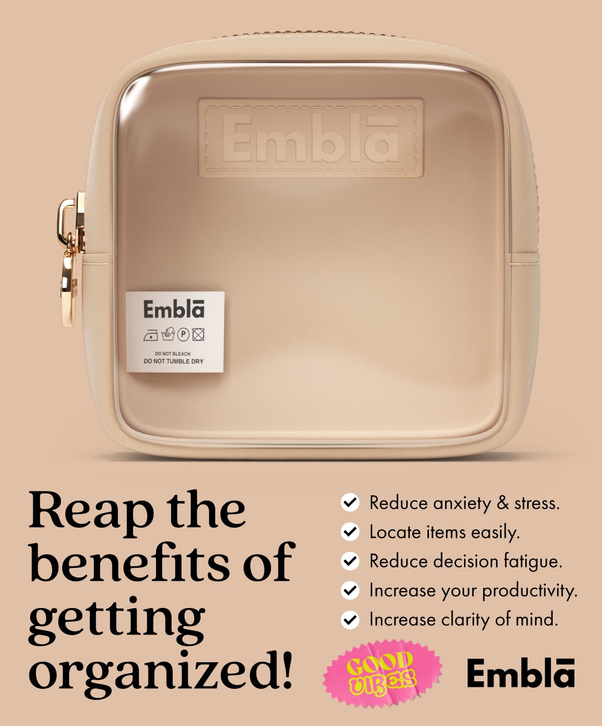 Etui organisateur transparent Embla London pour maquillage, facilite l'accès et le rangement.