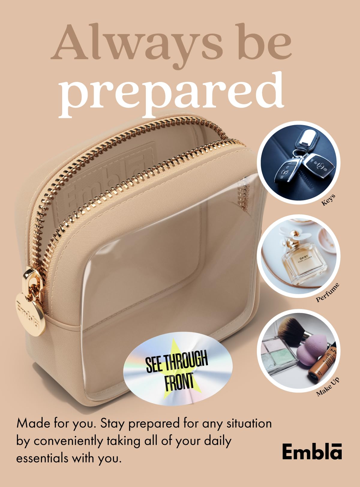 Sac maquillage grand transparent Embla London, fermeture éclair robuste pour ranger plusieurs produits.