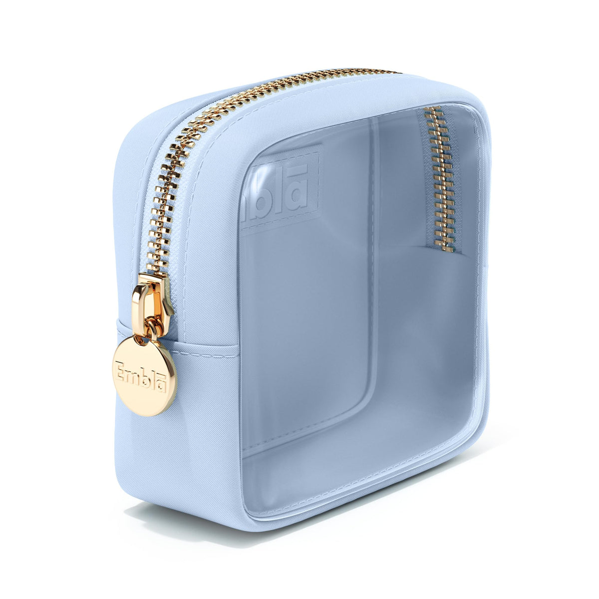 Trousse transparente Embla London bleu ciel, idéale pour maquillage et articles de toilette.