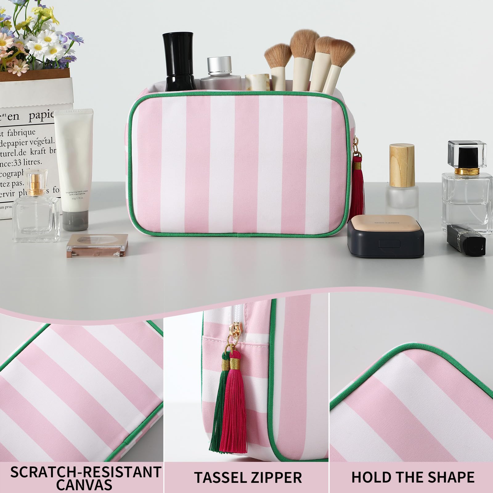 Texte alt: détail du tissu canvas du sac maquillage rayé Embrunioice
