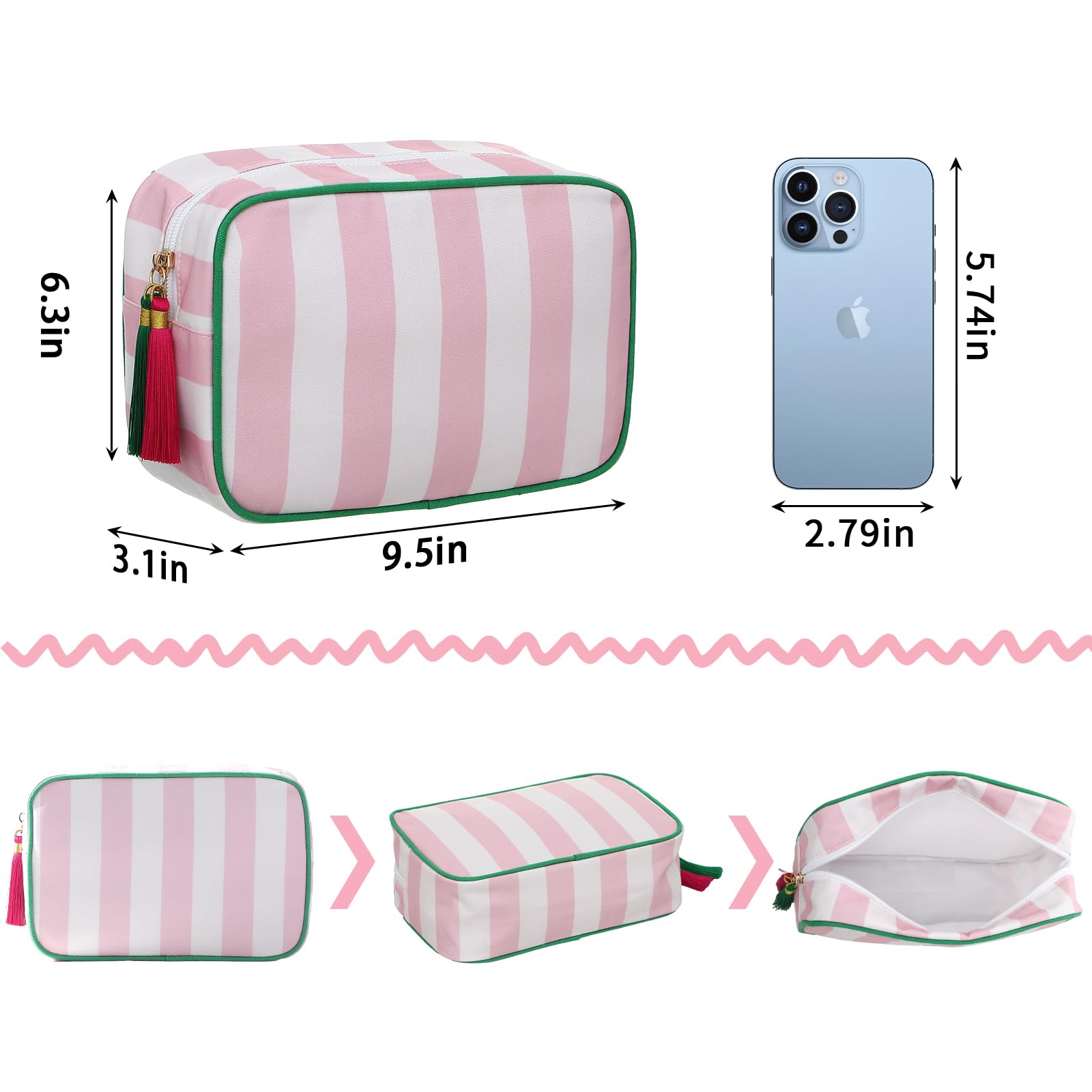 Embrunioice sac maquillage rayé fermeture avec tassel, accès rapide et chic