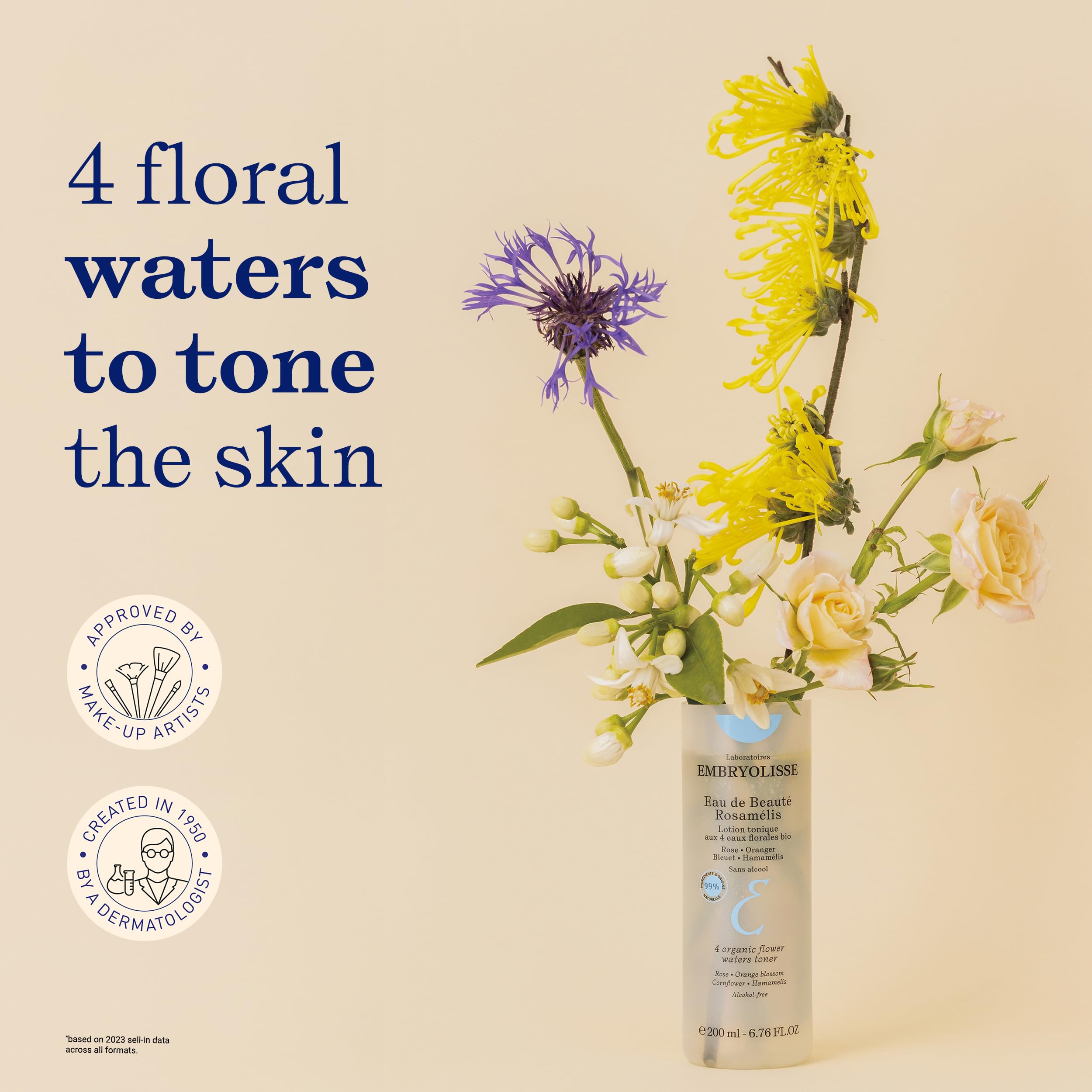 Embryolisse Eau de Beaute Rosamelis avec fleurs, offre douceur et équilibre à la peau