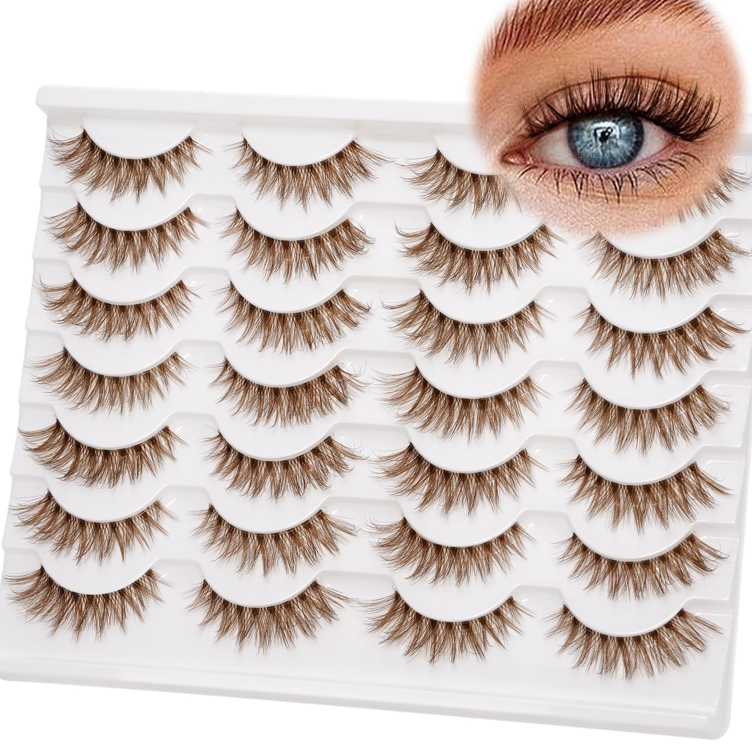 Cils EMEDA brun 14mm avec bande claire, regard naturel et posé rapidement.
