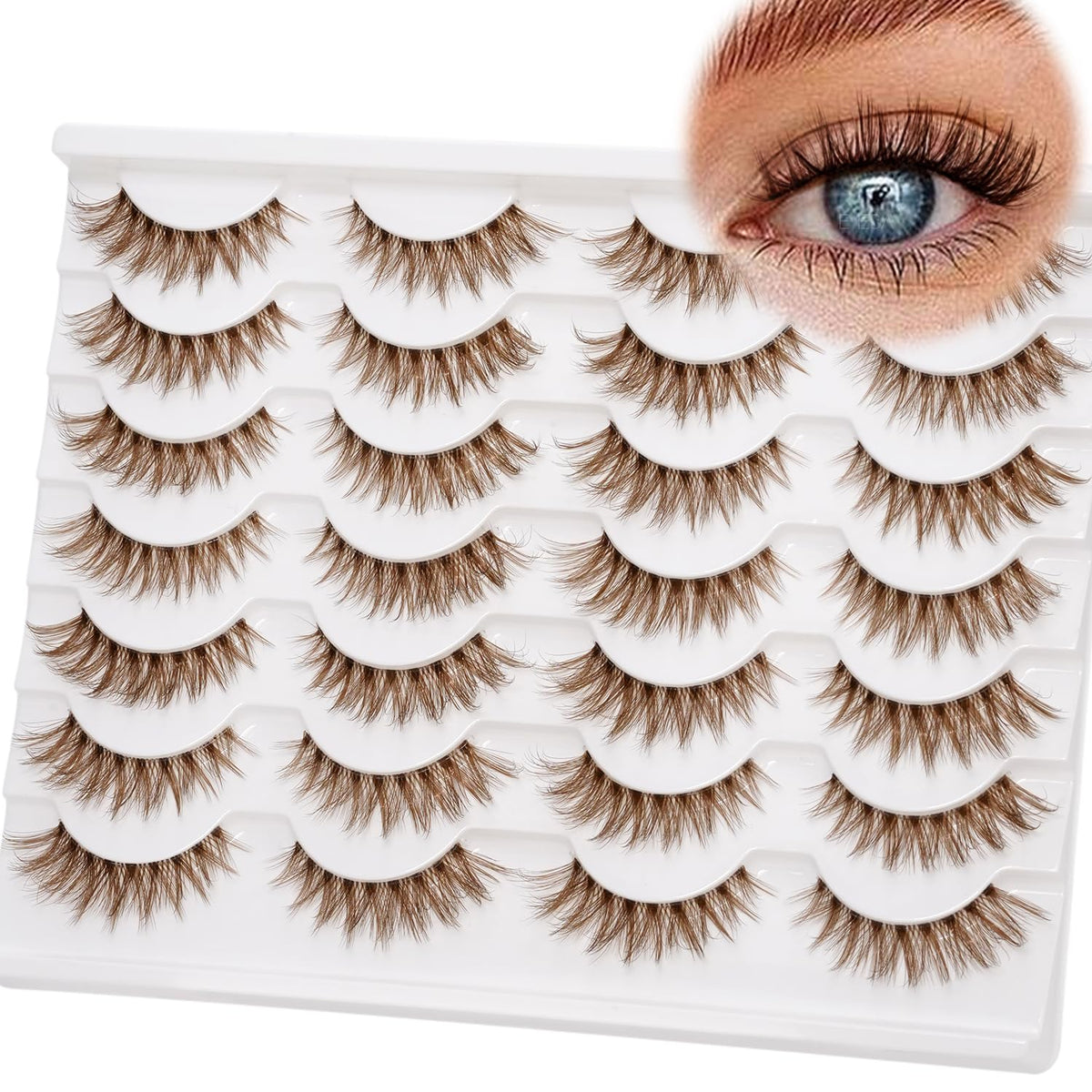 Cils EMEDA brun 14mm avec bande claire, regard naturel et posé rapidement.