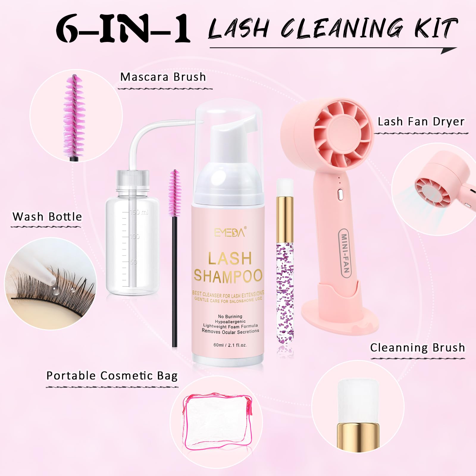 EMEDA shampoing cils 60 ml parfum rose nettoie en douceur les cils et extensions