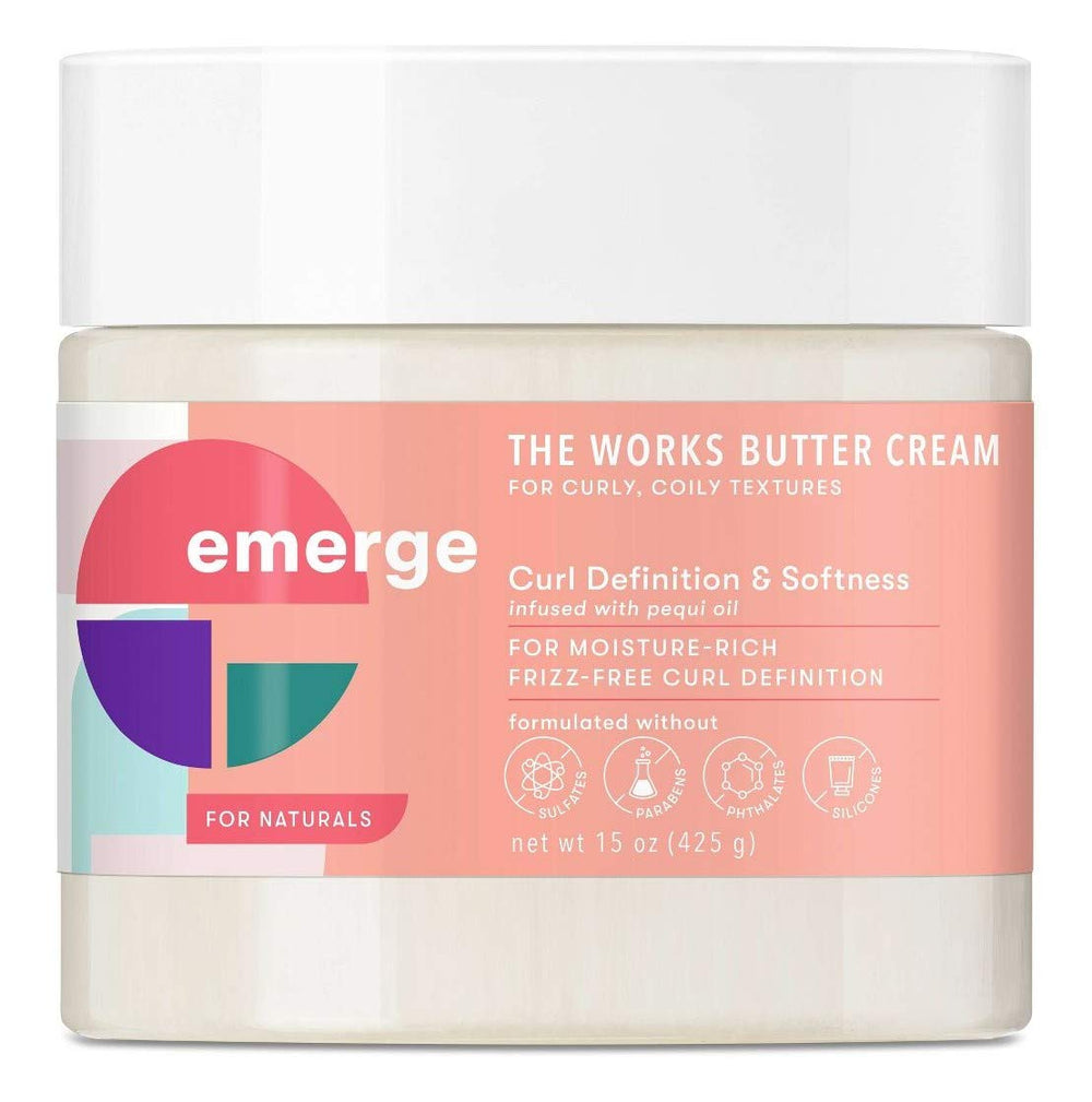 Emerge For Naturals The Works Butter Cream jar providing moisture for curly hair