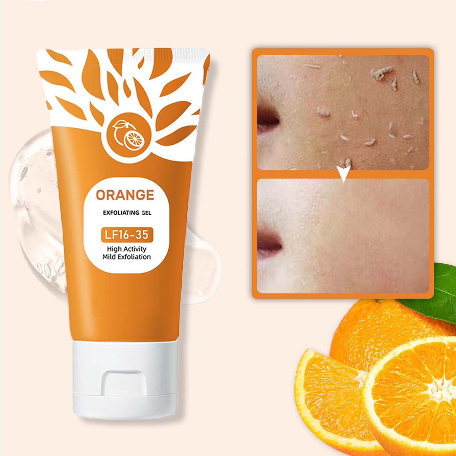 Emgmcp gel orange enzymatique, gros plan sur pores resseres apres l’application.