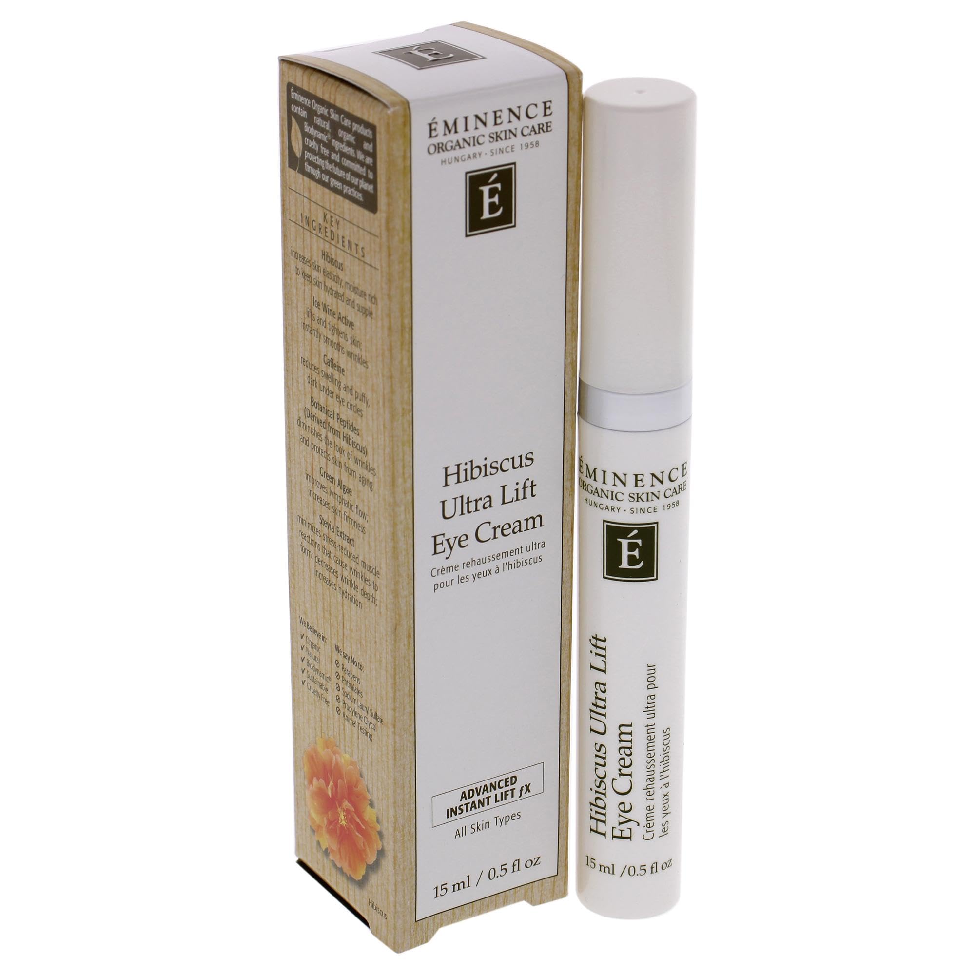 Crème Yeux Hibiscus Ultra Lift d’Eminence, résultats avant-après visibles et luminosité.