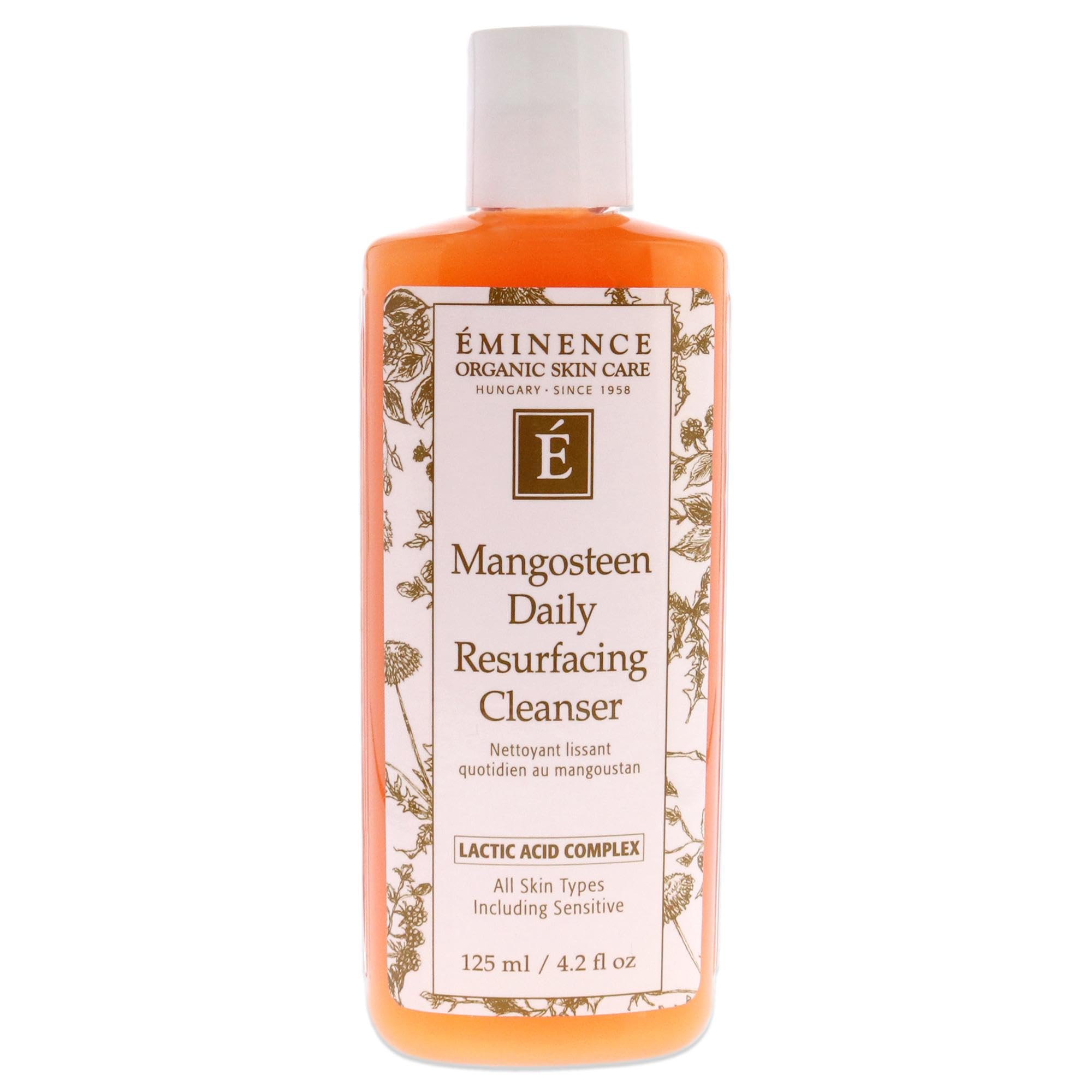 Eminence Mangoustan Daily Resurfacing Cleanser — flacon pompe, peau plus lisse et lumineuse après le nettoyage.