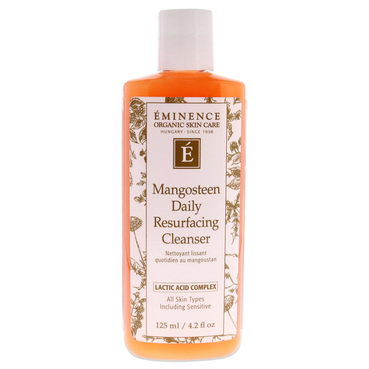 Eminence Mangoustan Daily Resurfacing Cleanser — flacon pompe, peau plus lisse et lumineuse après le nettoyage.
