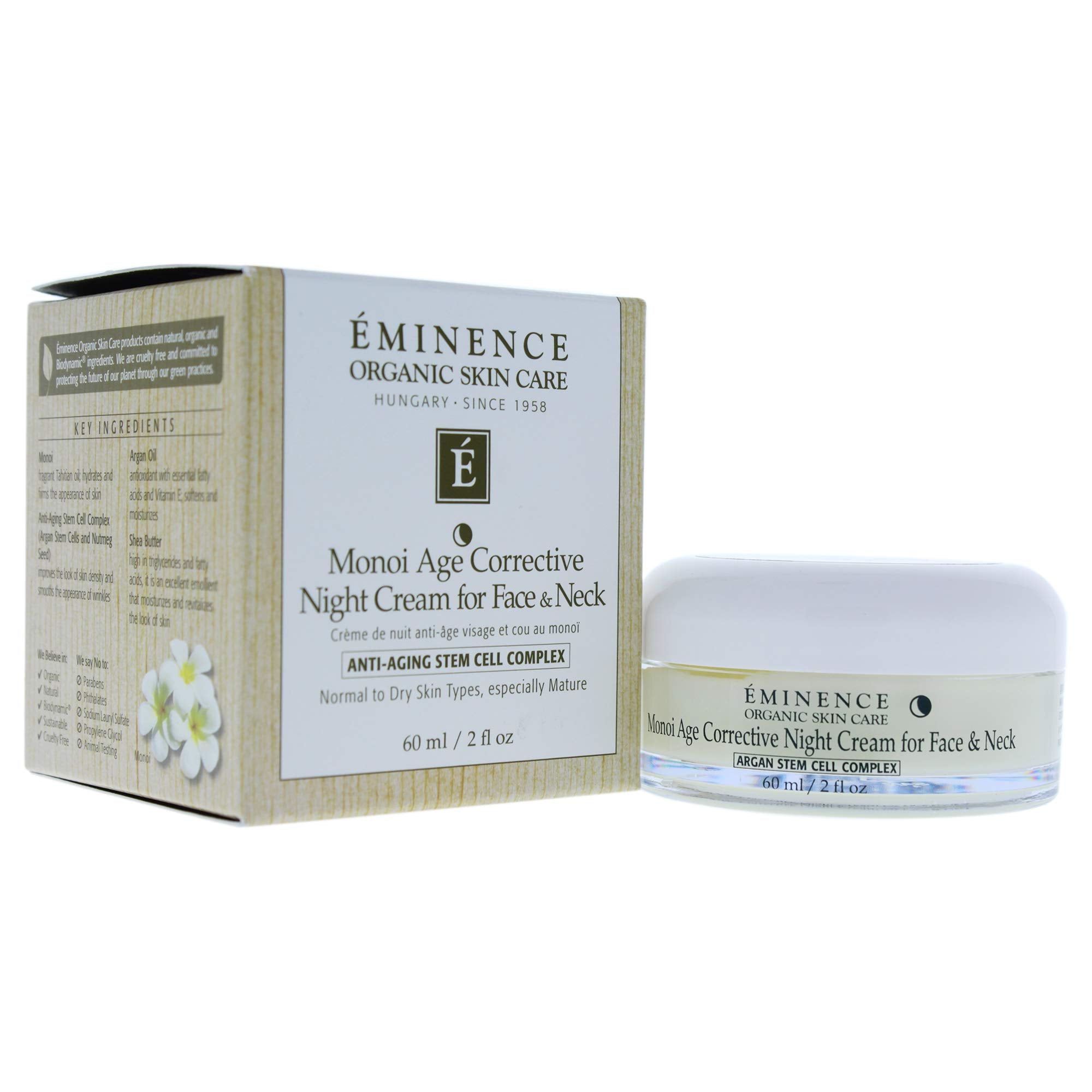 E Eminence Monoi Age Corrective Night Cream, visuel flacon, favorise l'hydratation nocturne du visage et du cou.