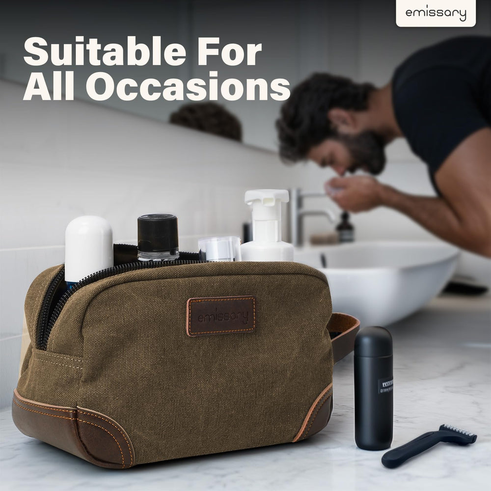 Ambiance couleur marron et texture canvas, esthétique premium pour accessoires de toilette.
