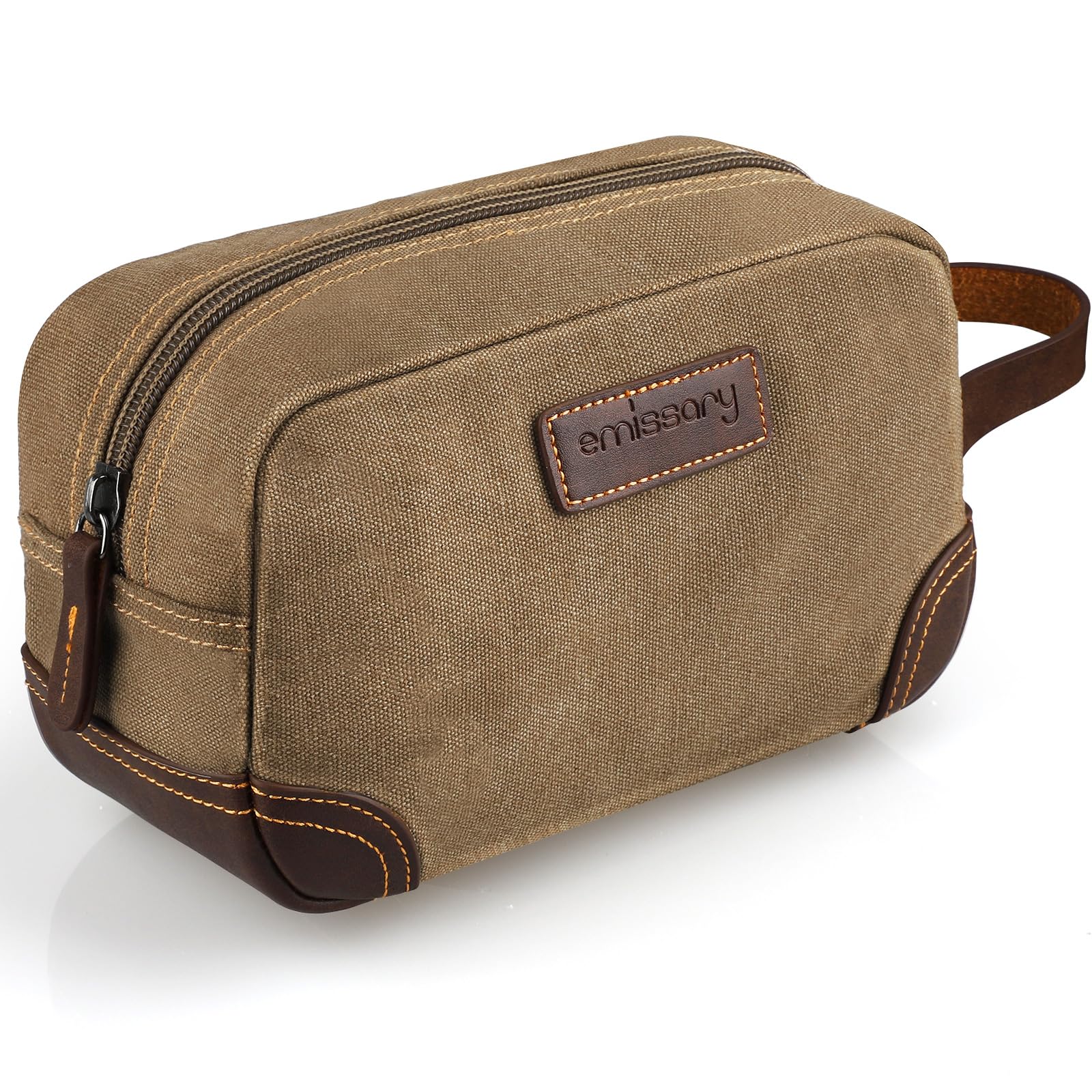 Trousse de toilette Emissary en cuir et toile marron, vue avant, pratique en voyage.