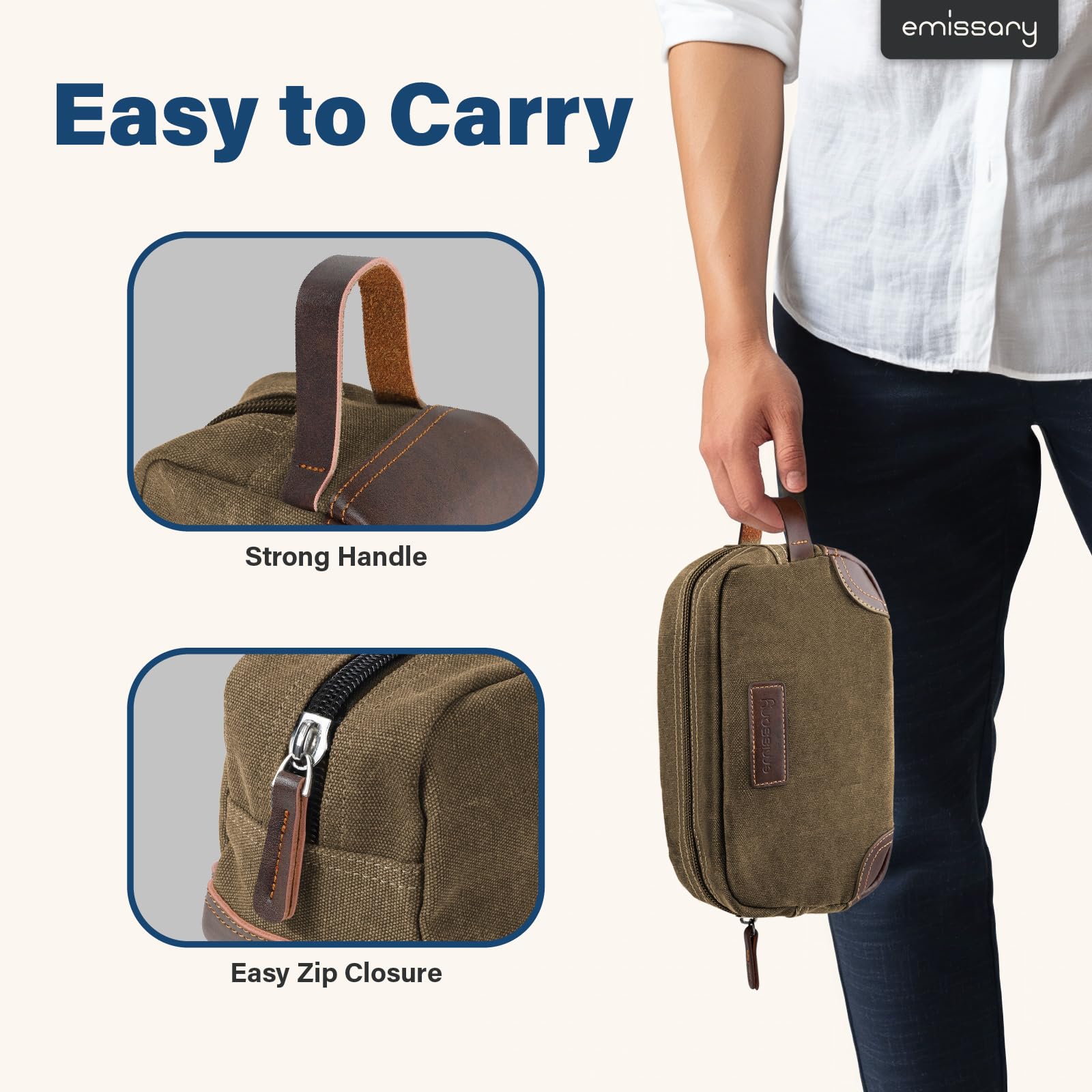 Intérieur spacieux d'une trousse Emissary, organisation efficace des produits.