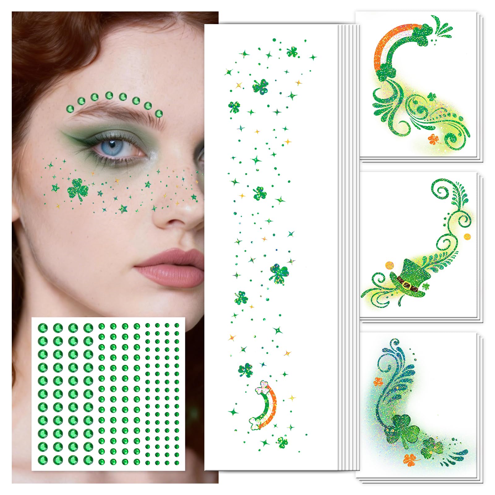 EMOME tatouage visage tréfle pailleté, look festif durable pour Saint-Patrick.