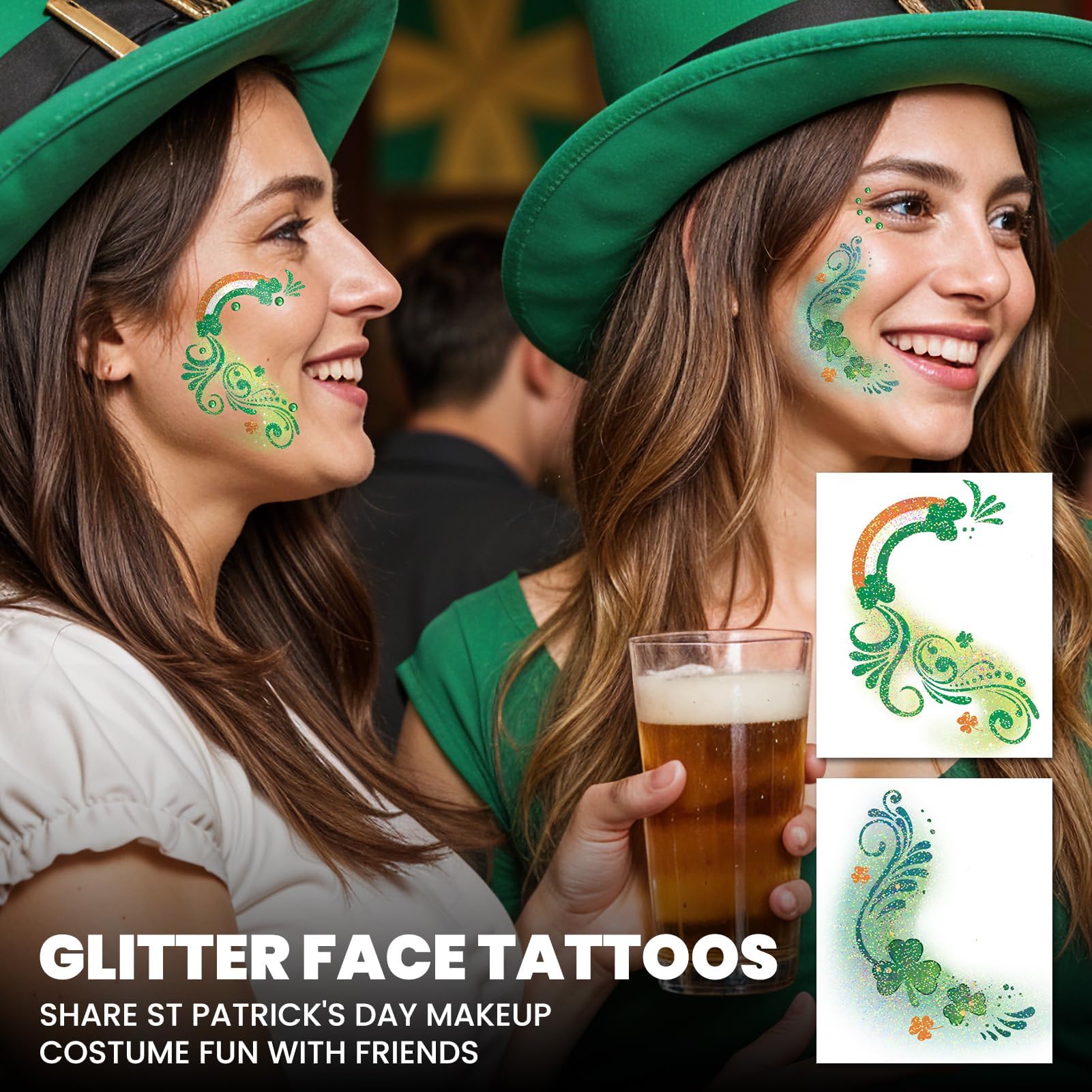 EMOME tatouage visage tréfle vert clair, style personnalisé et lumineux.