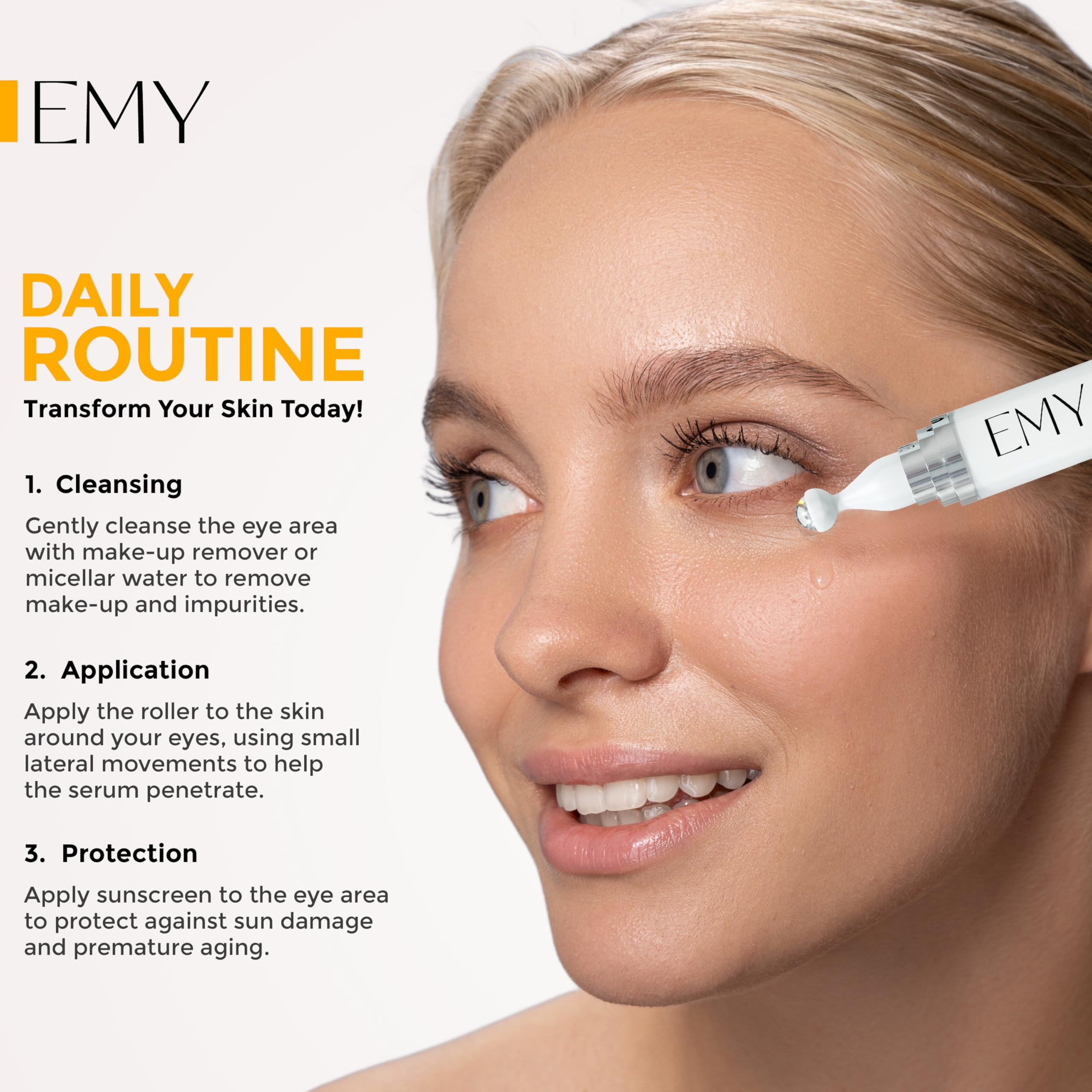 Utilisation quotidienne EMY sous maquillage pour un regard frais.