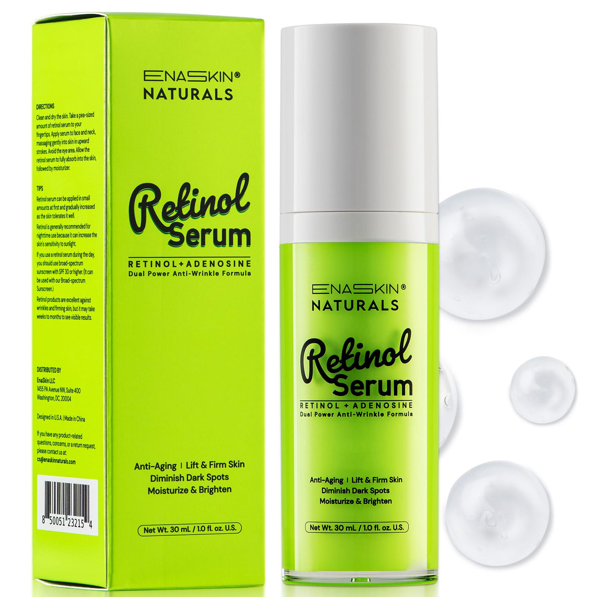 Sérum Retinol Enaskin Naturals Visage – Bouteille, anti-rides et hydratation durable.