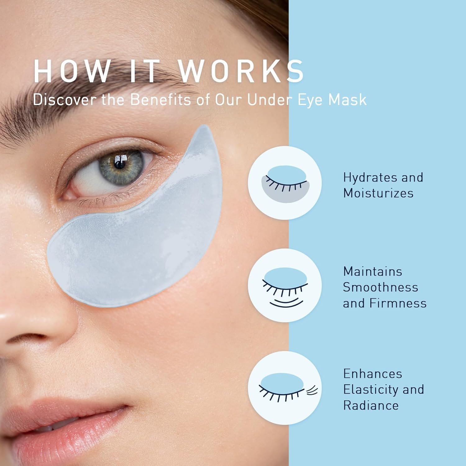 Adhérence douce des patchs hydrogel Enaskin Naturals sur le contour des yeux.