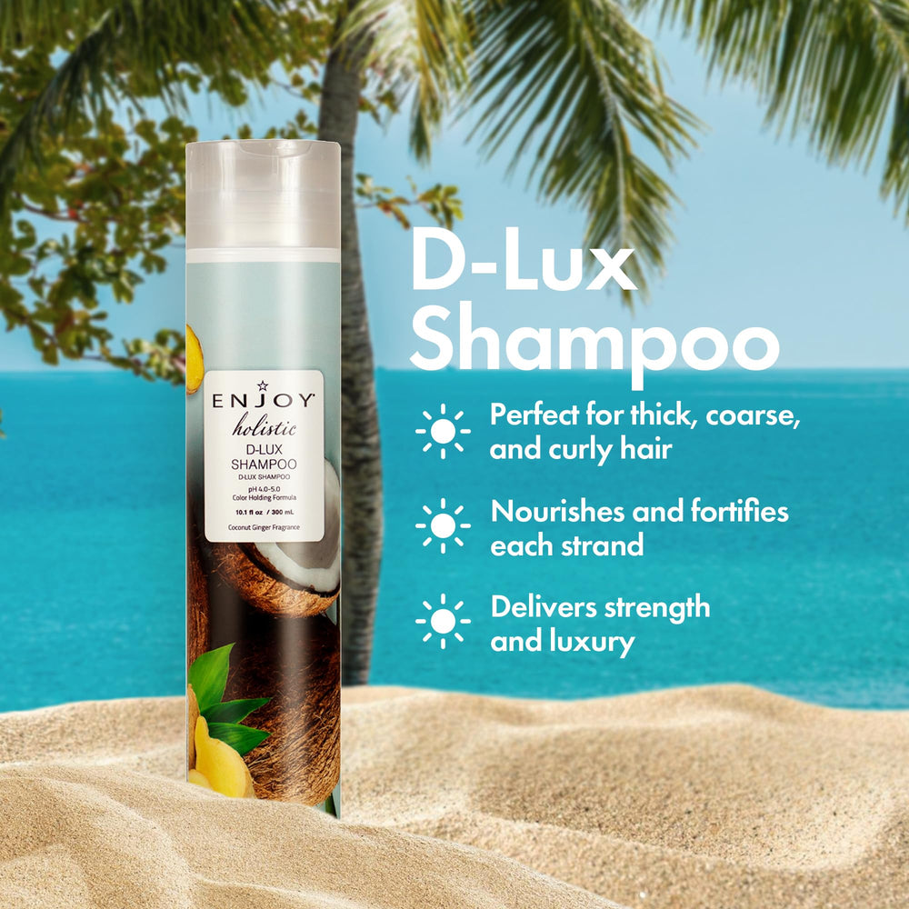 Enjoy D-Lux Shampoo, aperçu-mousse, texture généreuse pour un lavage efficace et doux.