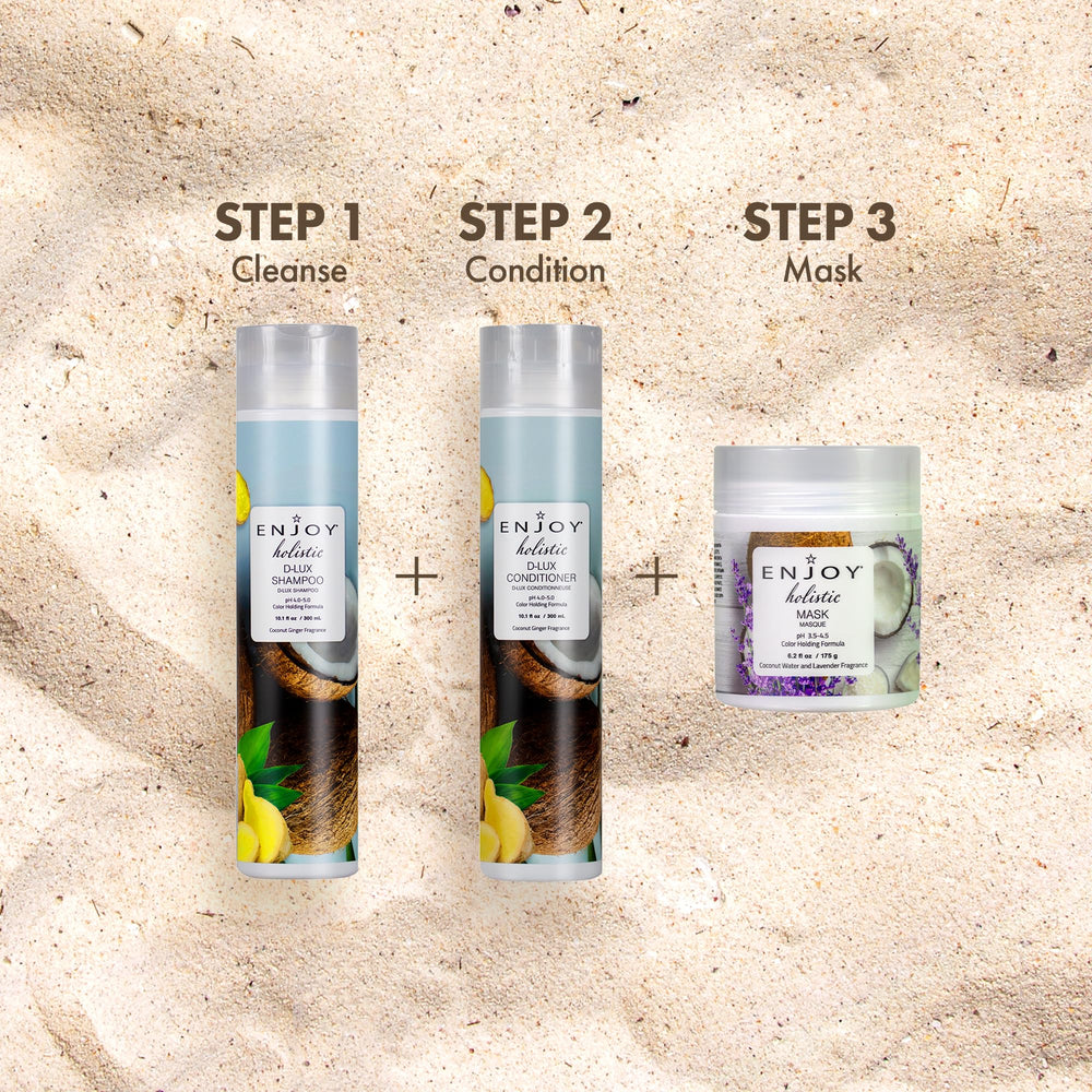 Enjoy D-Lux Shampoo, parfum tropical coco-gingembre, expérience sensorielle agréable à chaque lavage.