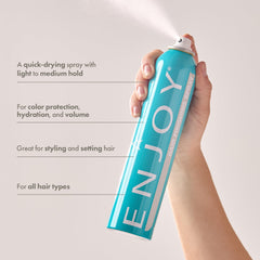 Enjoy Spray coiffant, application precise pour volume et brillance durable.