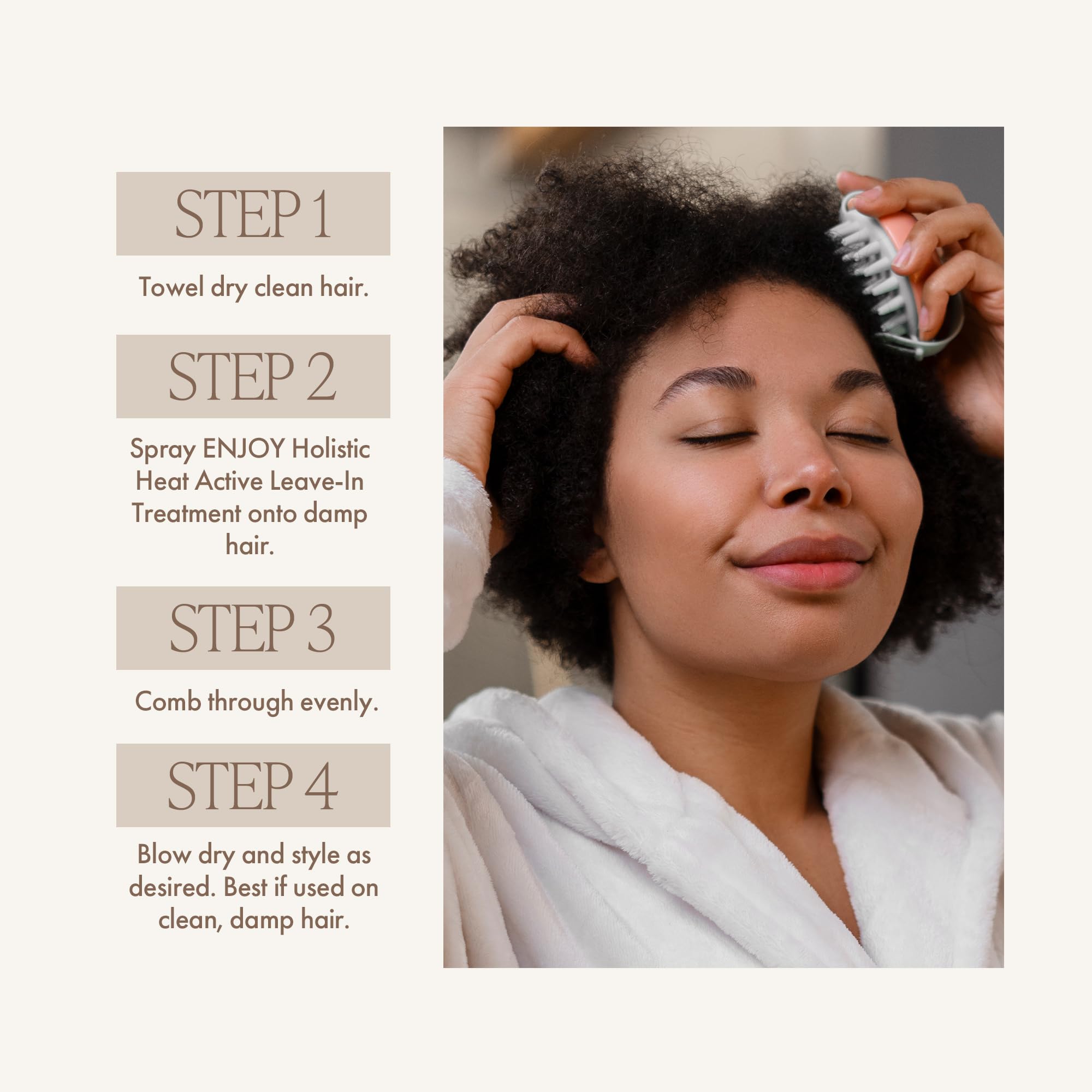 Enjoy Traitement Sans Rinçage Actif: mode d’emploi pour le coiffage—convient à tous types de cheveux.