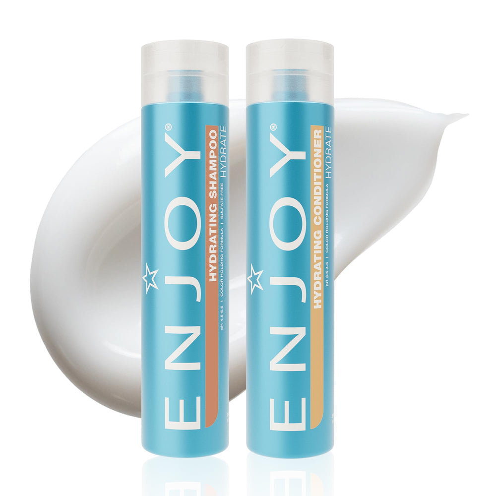 Enjoy Shampoing et Après-Shampoing: bouteilles montrant cheveux hydratés et doux
