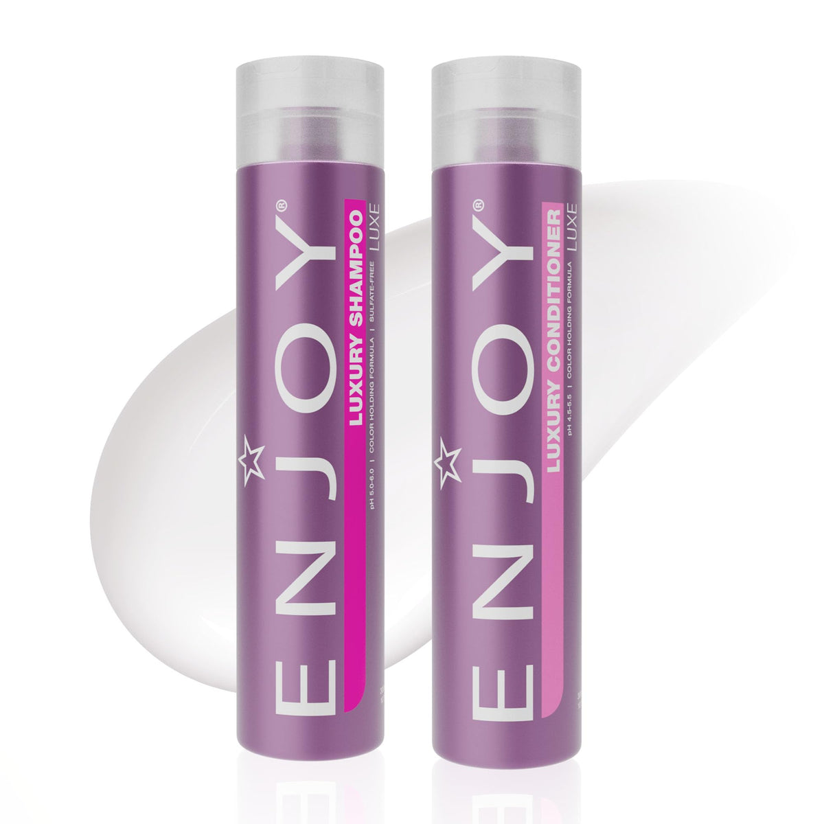 Shampooing Enjoy sans sulfate en bouteille, renforce les cheveux et protège la couleur.
