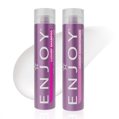 Shampooing Enjoy sans sulfate en bouteille, renforce les cheveux et protège la couleur.