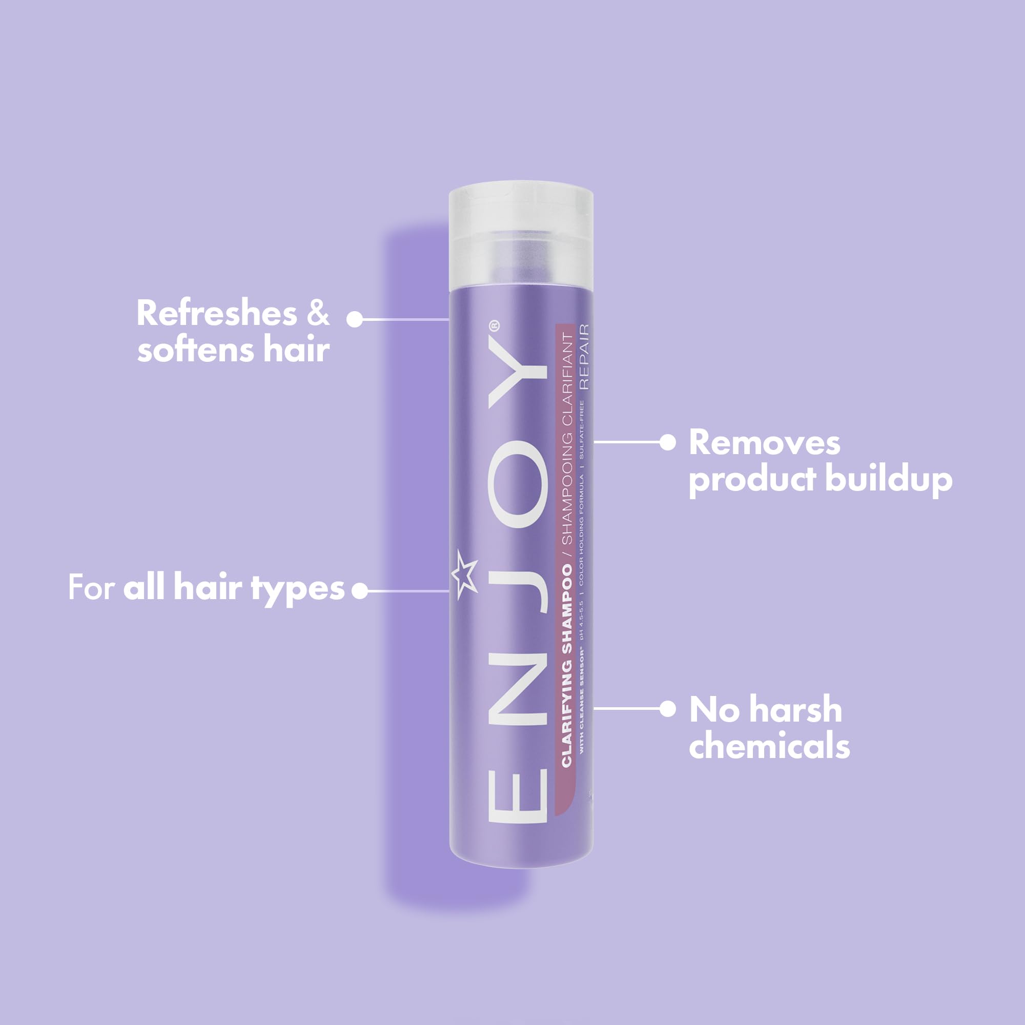 Shampoing Enjoy clarifiant en mousse, lavage rafraîchissant et purifiant.