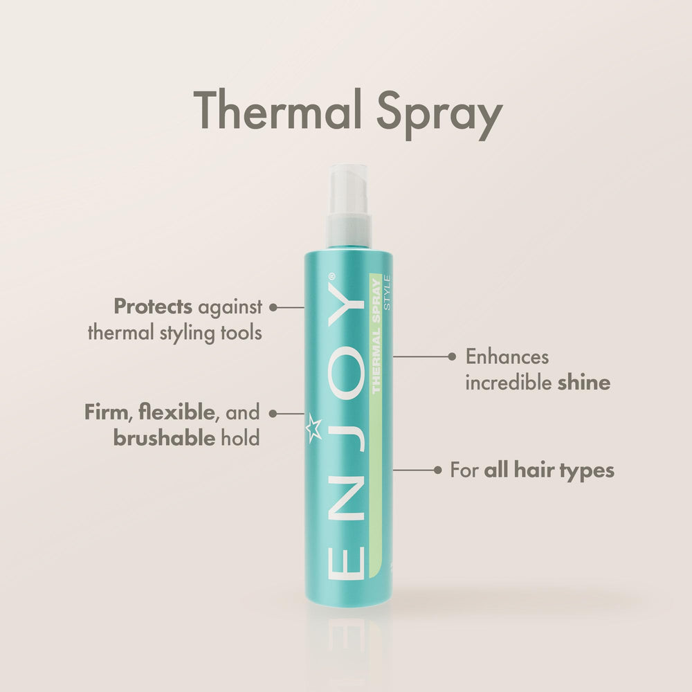 Enjoy Thermal Spray offre une protection anti-frisottis pour des cheveux lisses.