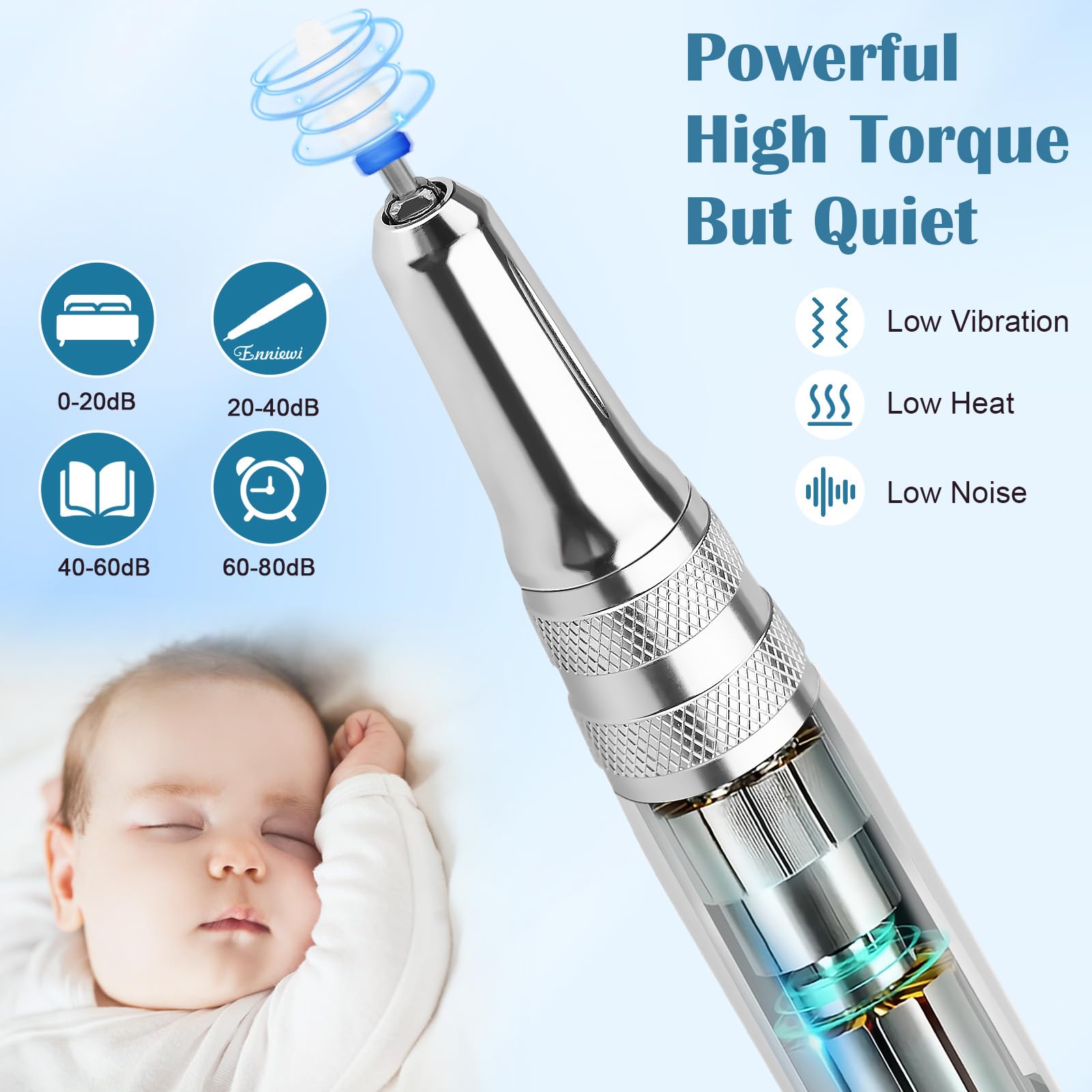 Enniewi Nail Drill : manche ergonomique en aluminium pour une prise confortable.