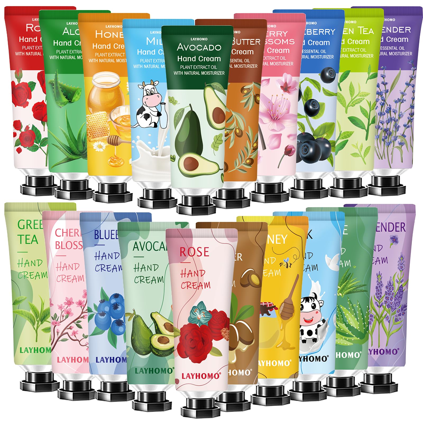 Ensemble 20 crèmes pour les mains - hydratation longue durée et parfums variés.