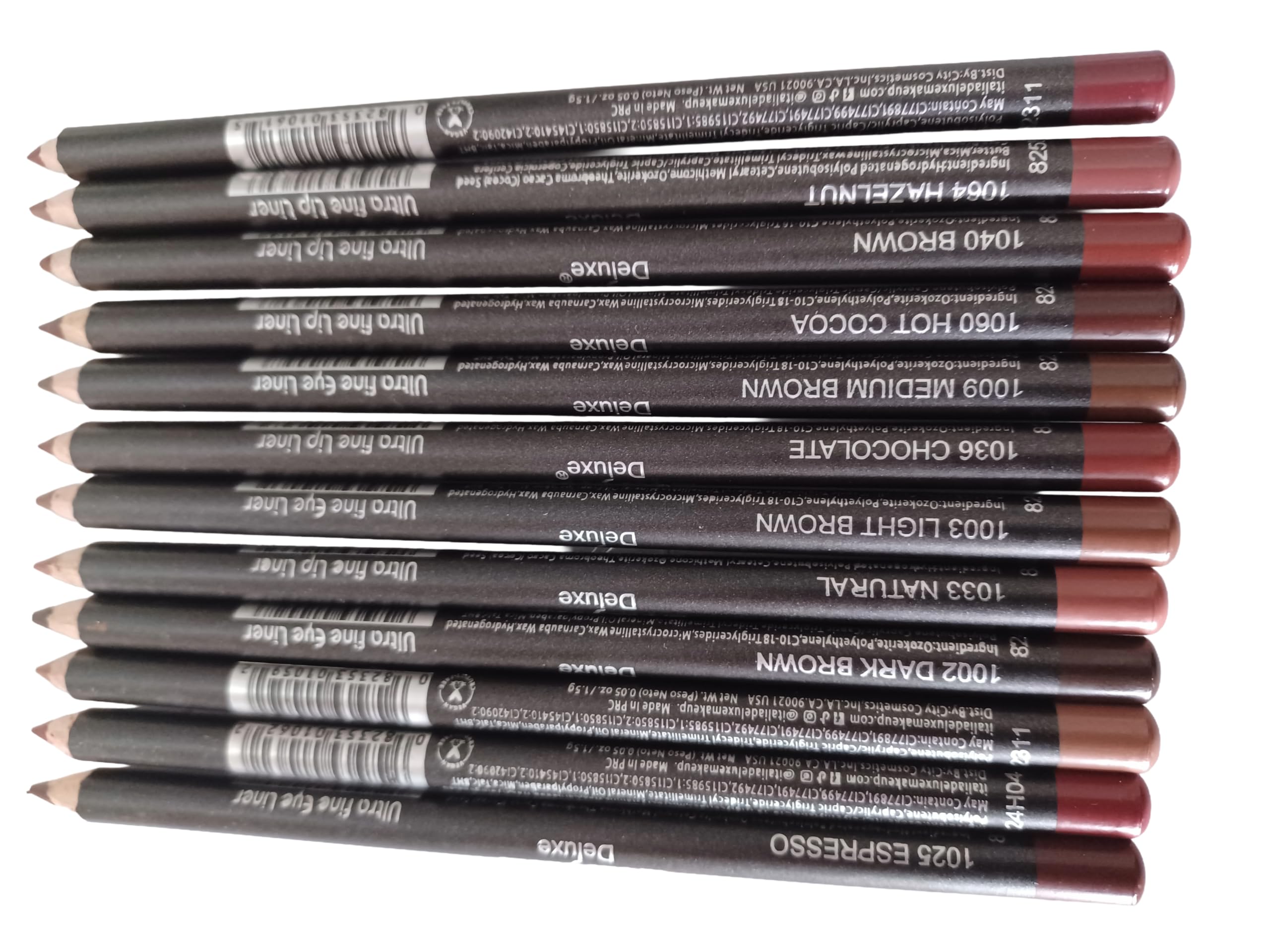 Set de crayons lèvres et yeux brun ultra-fin, contours nets et contrôlés.