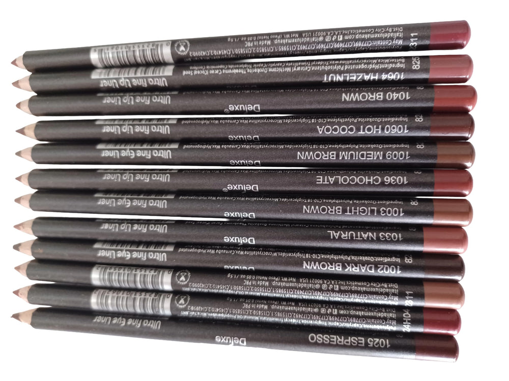 Set de crayons lèvres et yeux brun ultra-fin, contours nets et contrôlés.