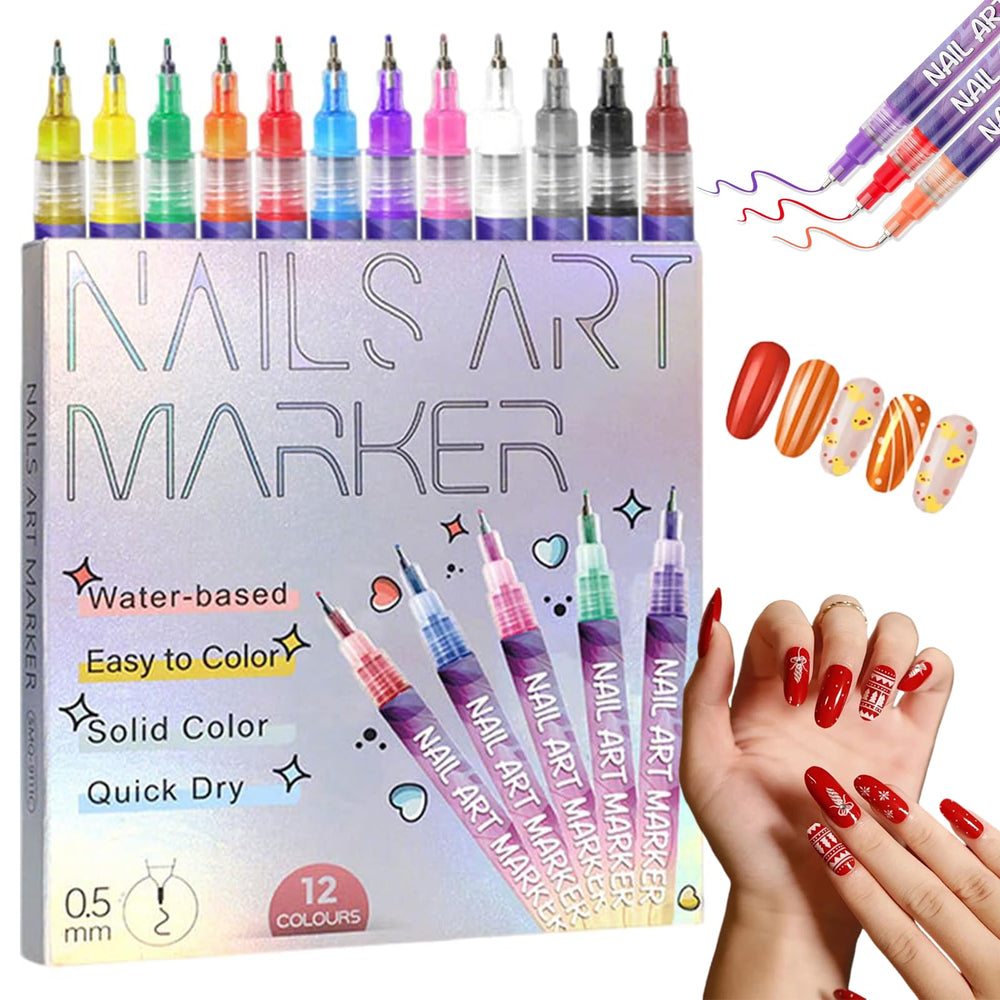 Ensemble stylos art des ongles 12 couleurs, précision nette pour motifs délicats.