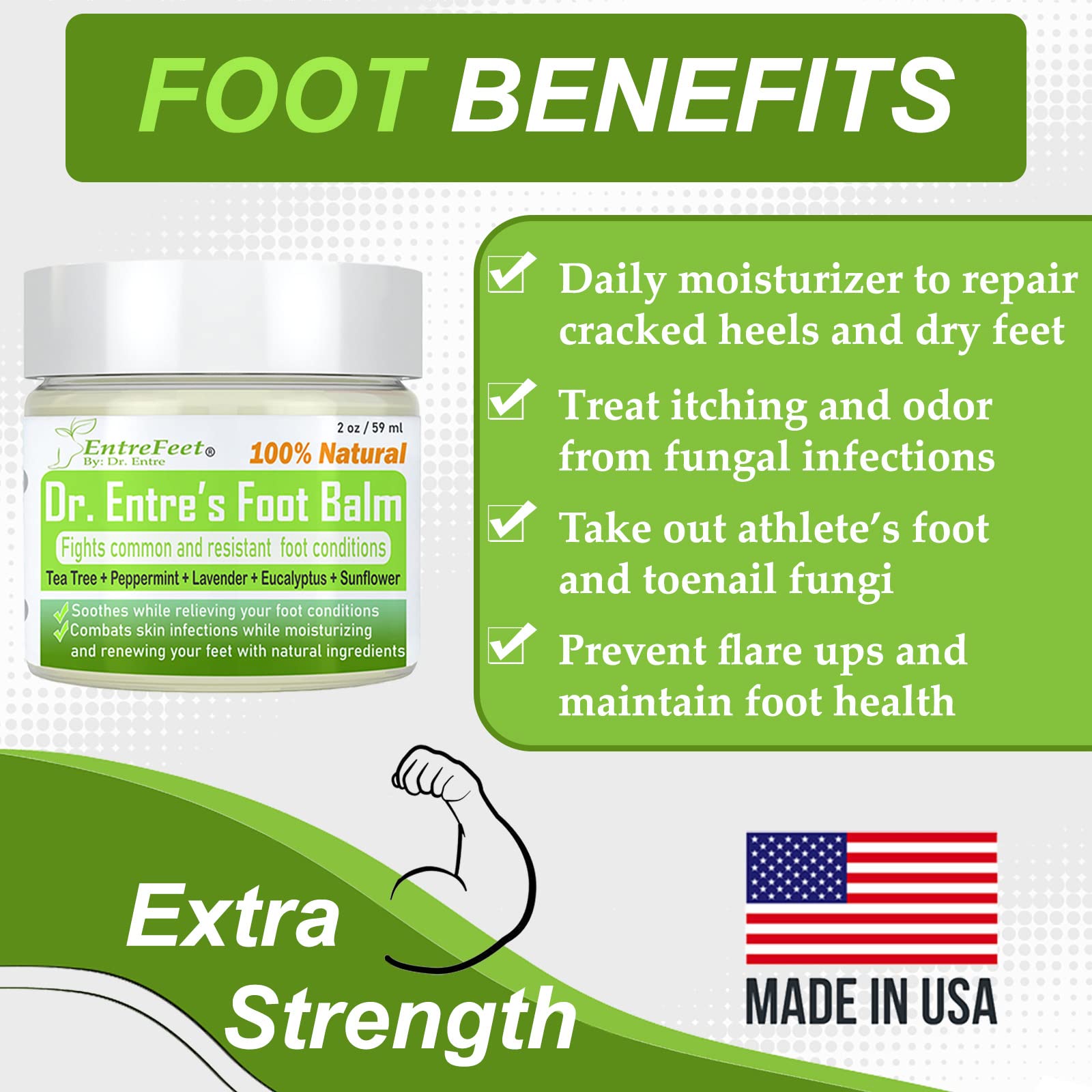 EntreFeet ingrédients-bio et fabrique-usa: formule naturelle et locale pour les pieds.