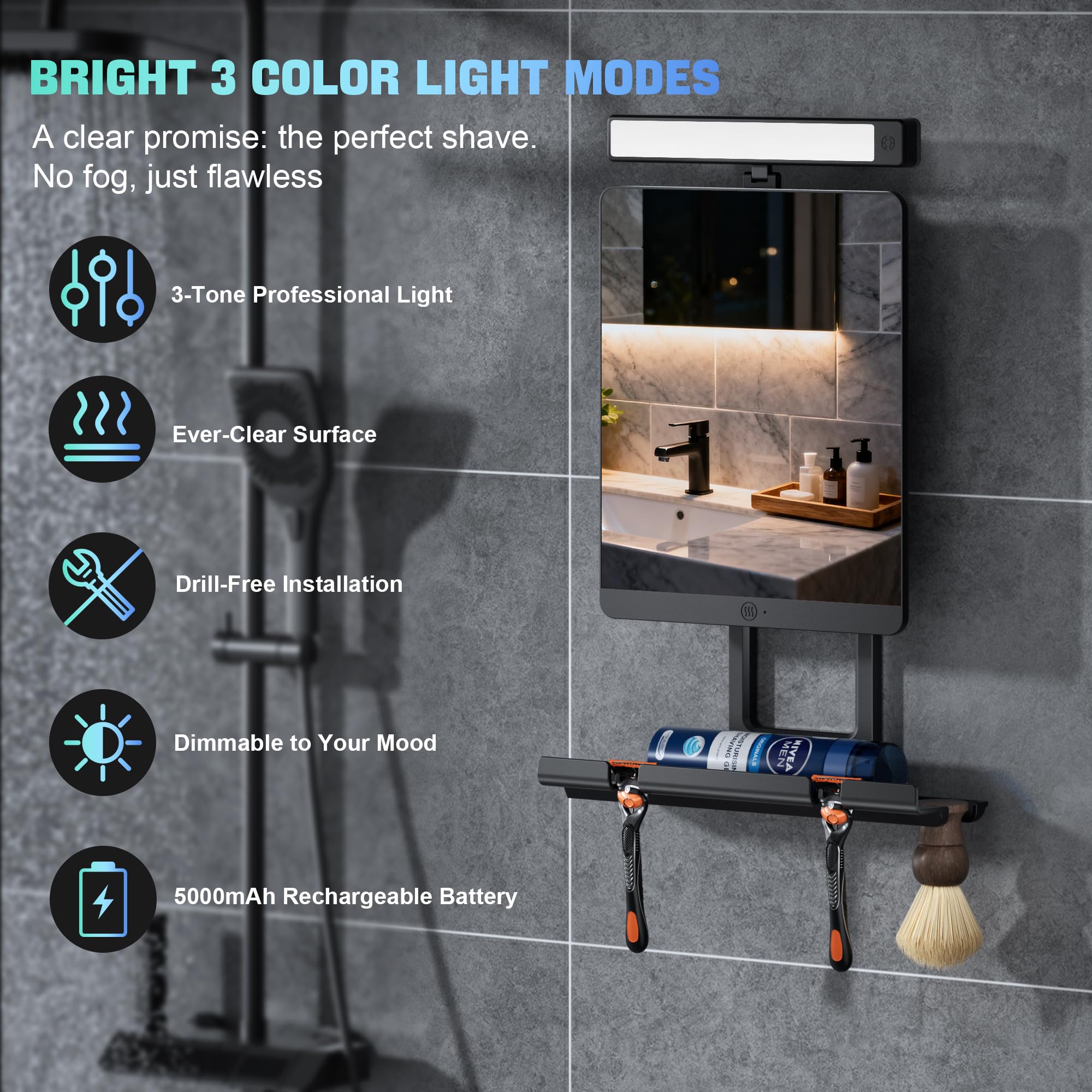 ENVTEK Lumières 3 Niveaux, lumière réglable pour un rasage précis.